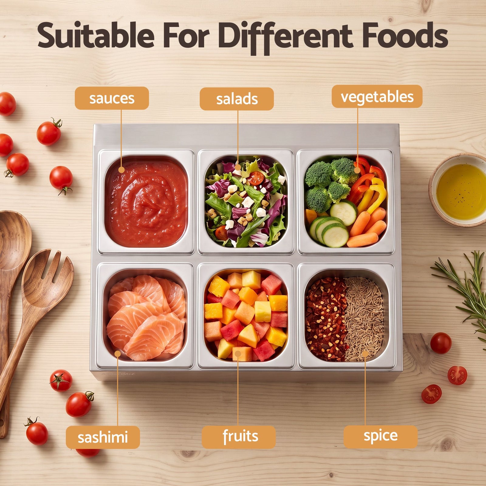 5-Star Chef 6 Pan Food Serving Display Container Stainless Steel Food Container Lids