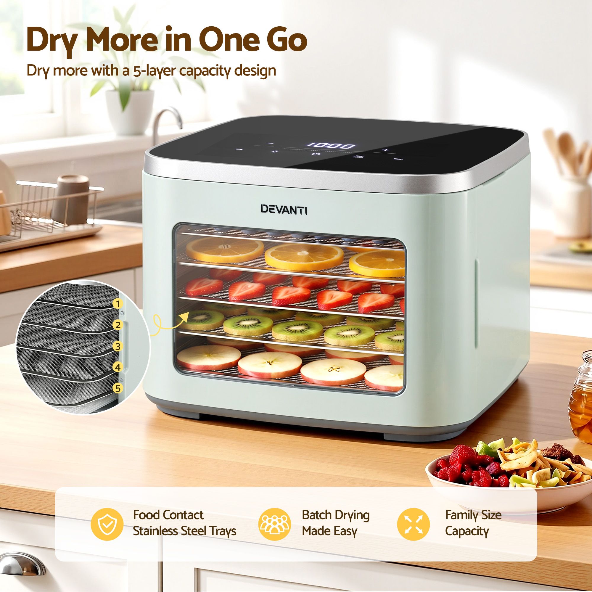 Food Dehydrator 5‑Tray Green – Mini Fruit Dryer, LED Control, 35–80°C