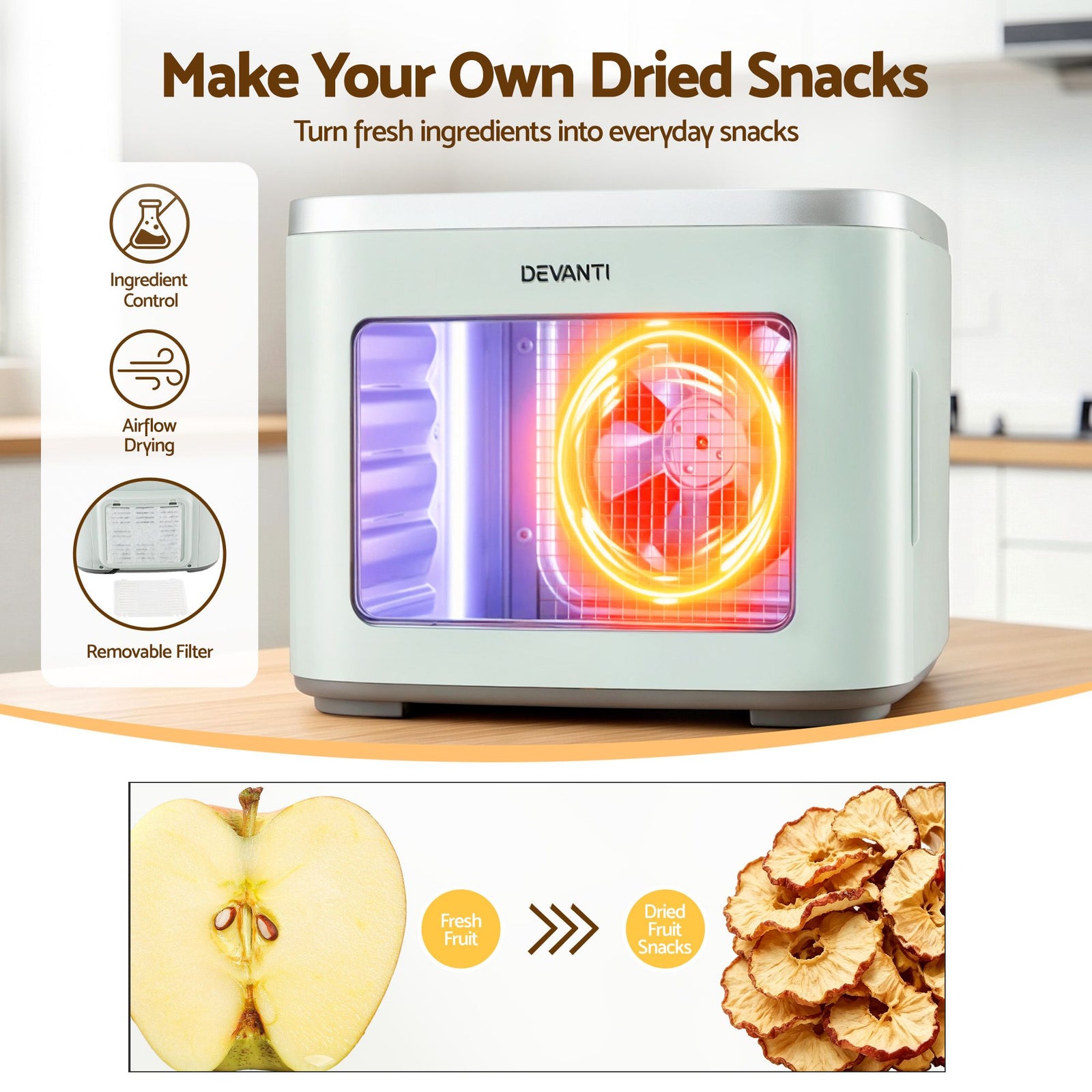 Food Dehydrator 5‑Tray Green – Mini Fruit Dryer, LED Control, 35–80°C