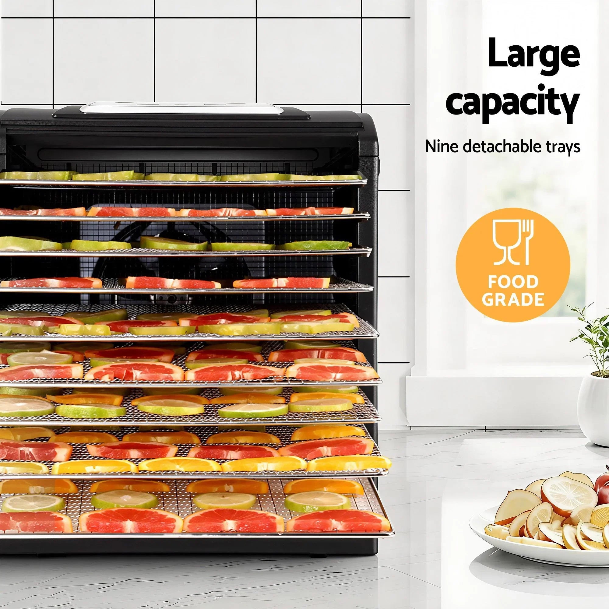 Food Dehydrator 9‑Tray – LCD 35–70°C Dryer w/ Hanging Rack & SS Trays