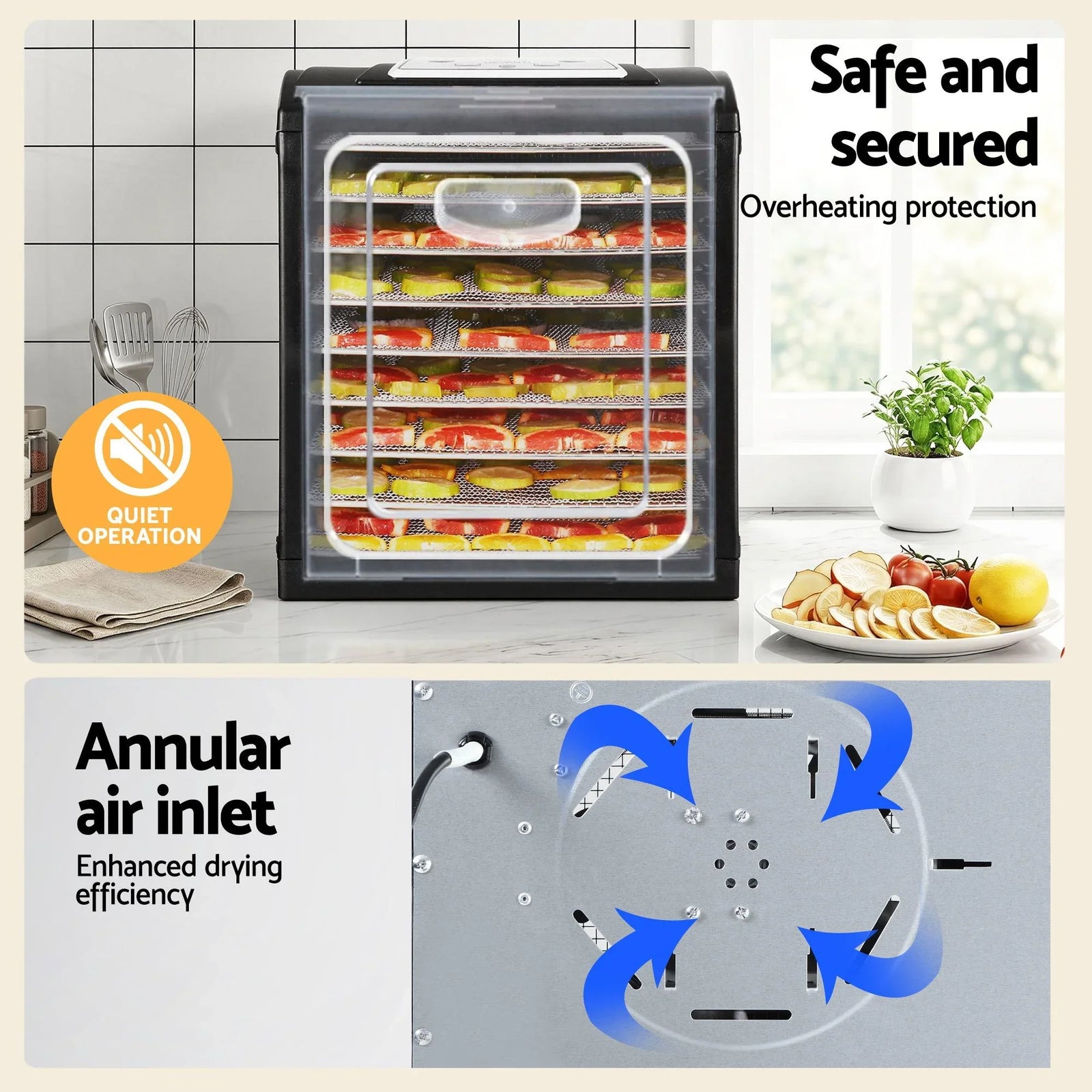 Food Dehydrator 9‑Tray – LCD 35–70°C Dryer w/ Hanging Rack & SS Trays