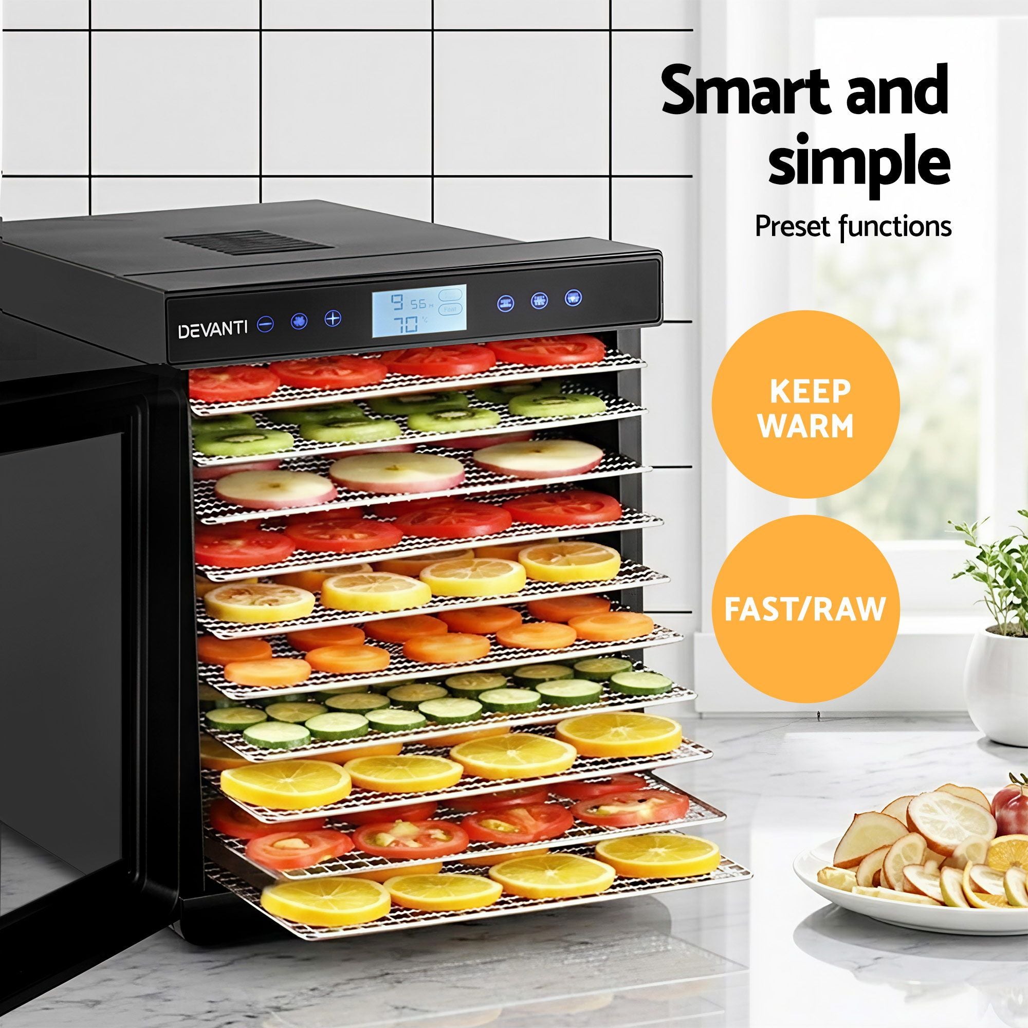 Food Dehydrator – 10‑Tray 600–700W, LCD Control, SS Rack, 35–70°C