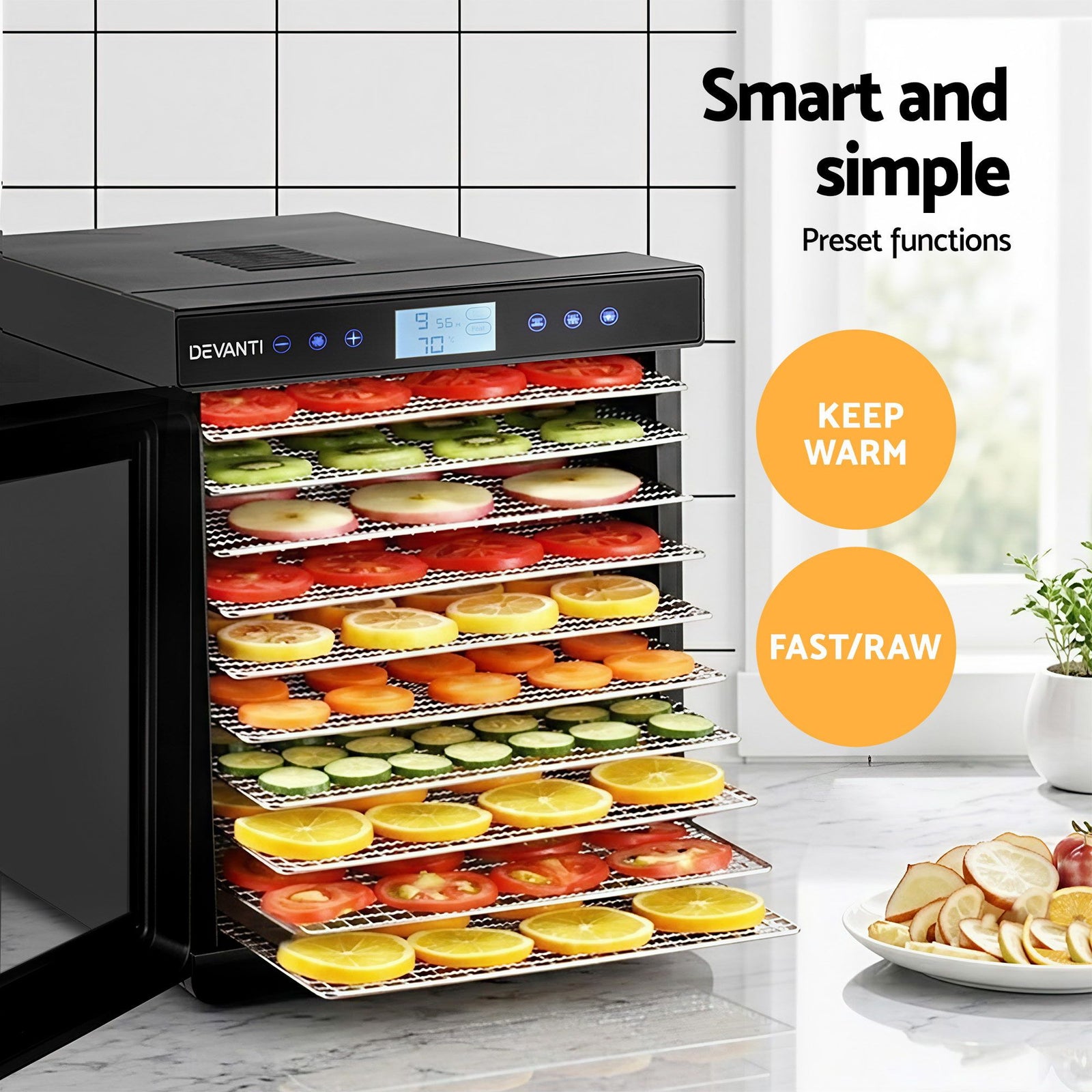 Food Dehydrator – 10‑Tray 600–700W, LCD Control, SS Rack, 35–70°C