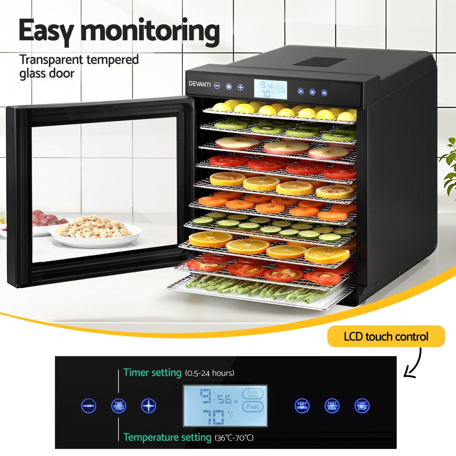 Food Dehydrator – 10‑Tray 600–700W, LCD Control, SS Rack, 35–70°C