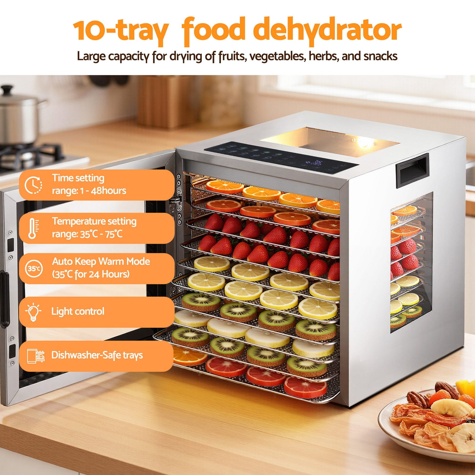 10 Trays Food Dehydrator Stainless Steel Visible Glass Door 850W