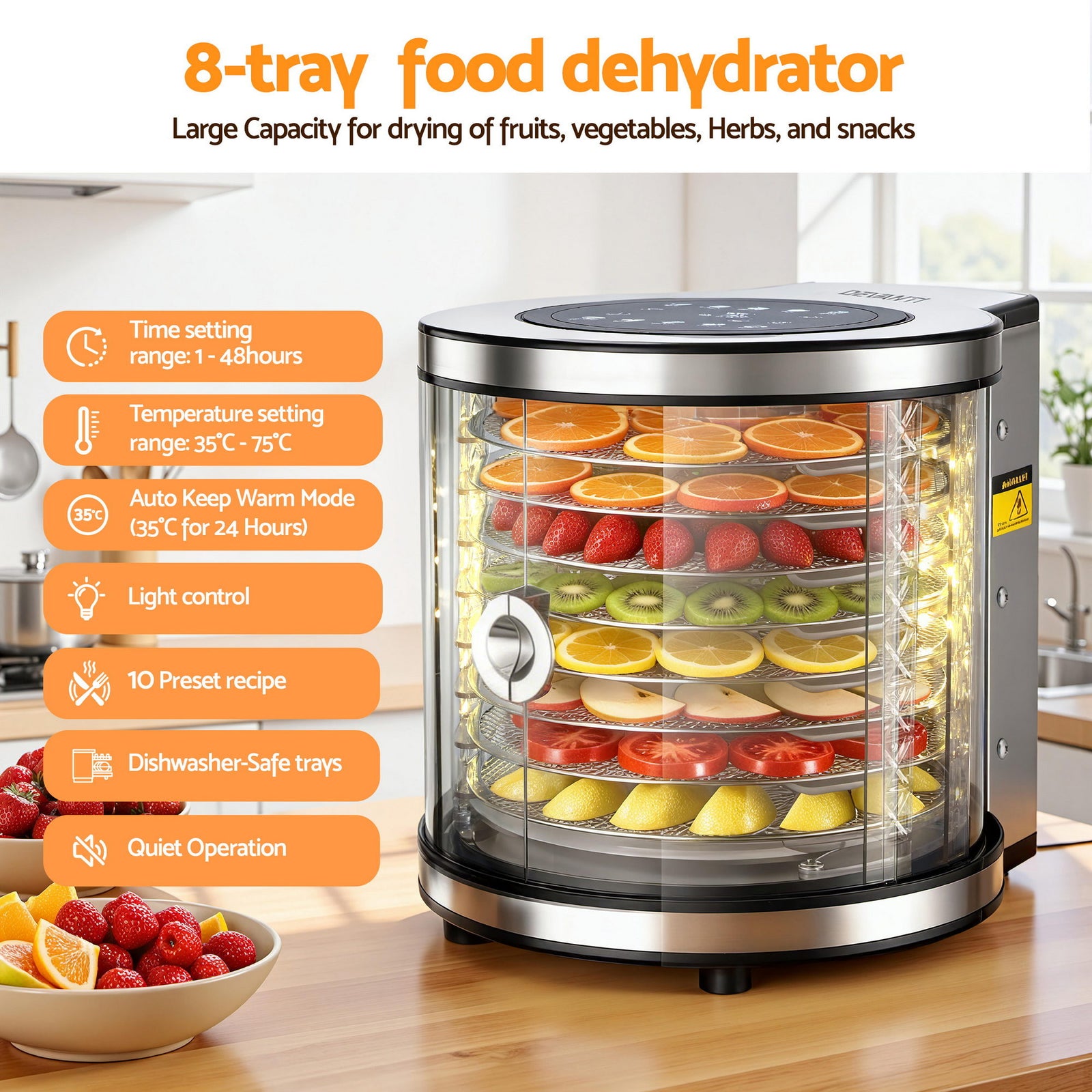 8 Trays Food Dehydrator Stainless Steel Auto-Rotate 10 Programs 700W