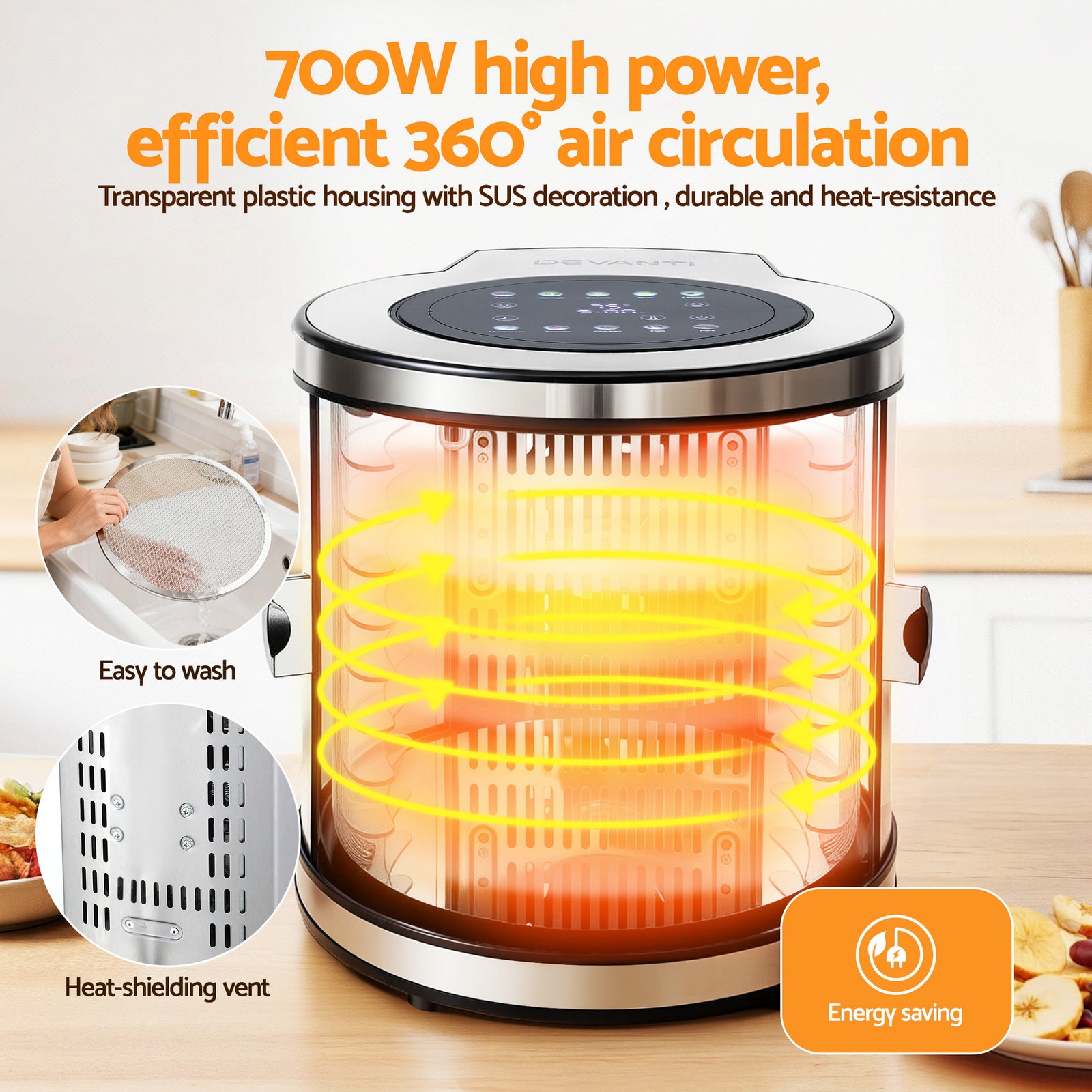 8 Trays Food Dehydrator Stainless Steel Auto-Rotate 10 Programs 700W