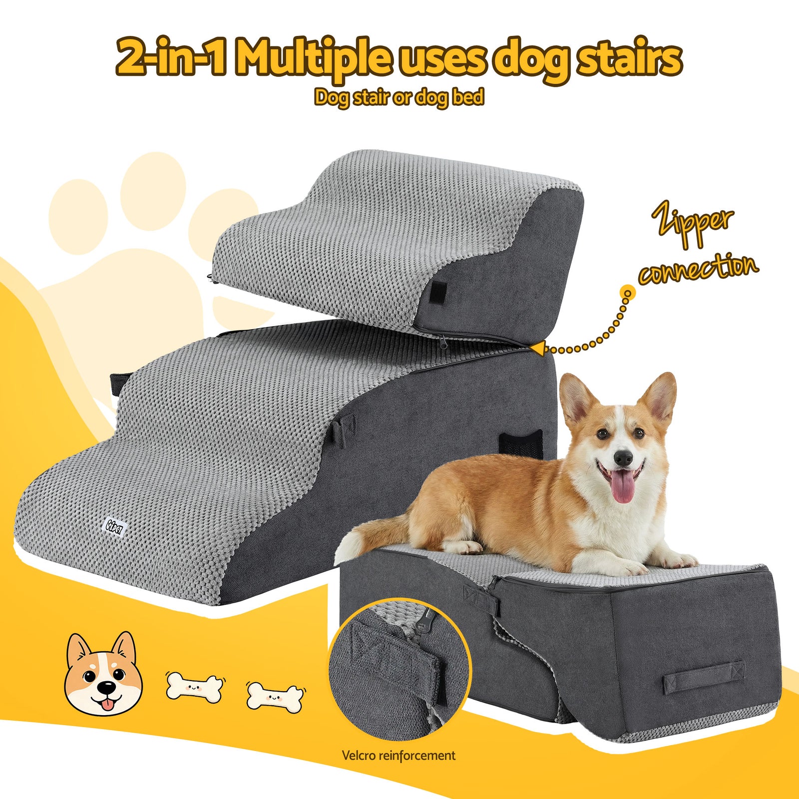 Dog Stairs and Bed 2-in-1 Sofa Car Foam Non-Slip Washable Pet Stairs Indoor Grey
