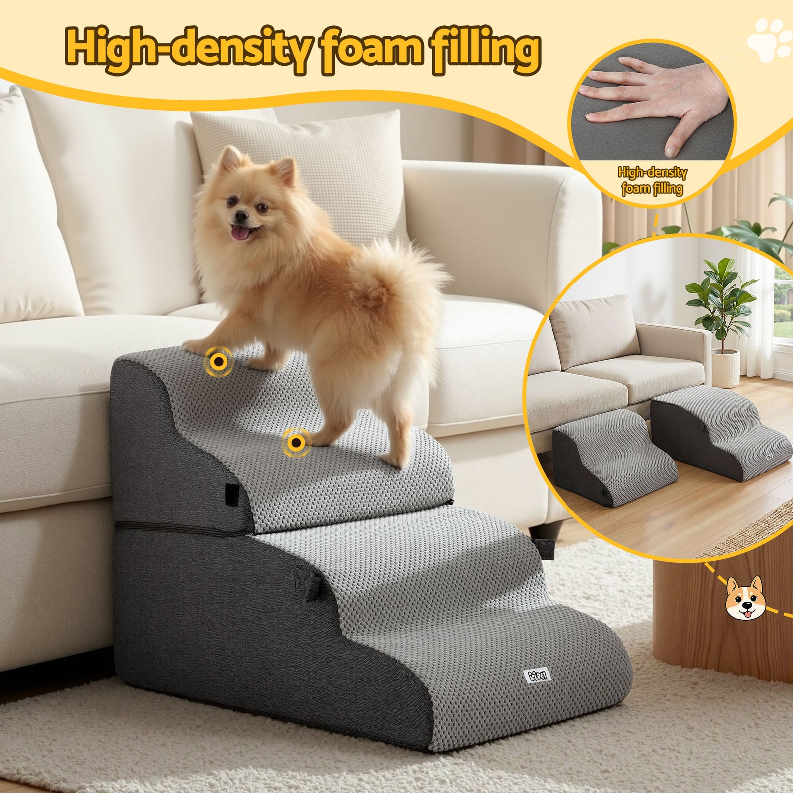 Dog Stairs and Bed 2-in-1 Sofa Car Foam Non-Slip Washable Pet Stairs Indoor Grey