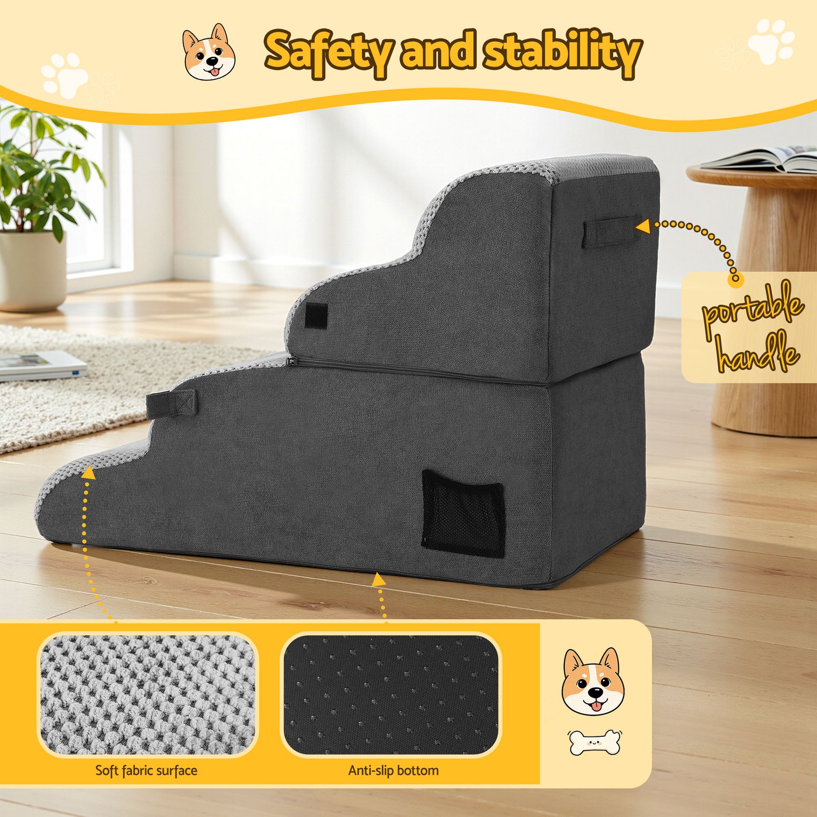Dog Stairs and Bed 2-in-1 Sofa Car Foam Non-Slip Washable Pet Stairs Indoor Grey