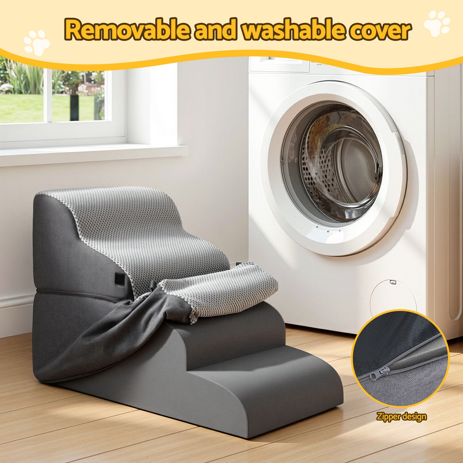 Dog Stairs and Bed 2-in-1 Sofa Car Foam Non-Slip Washable Pet Stairs Indoor Grey