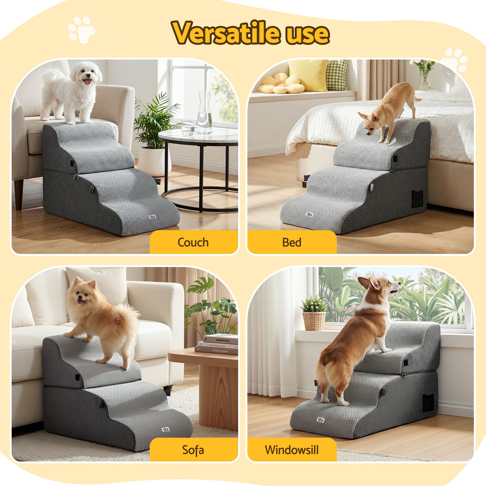 Dog Stairs and Bed 2-in-1 Sofa Car Foam Non-Slip Washable Pet Stairs Indoor Grey