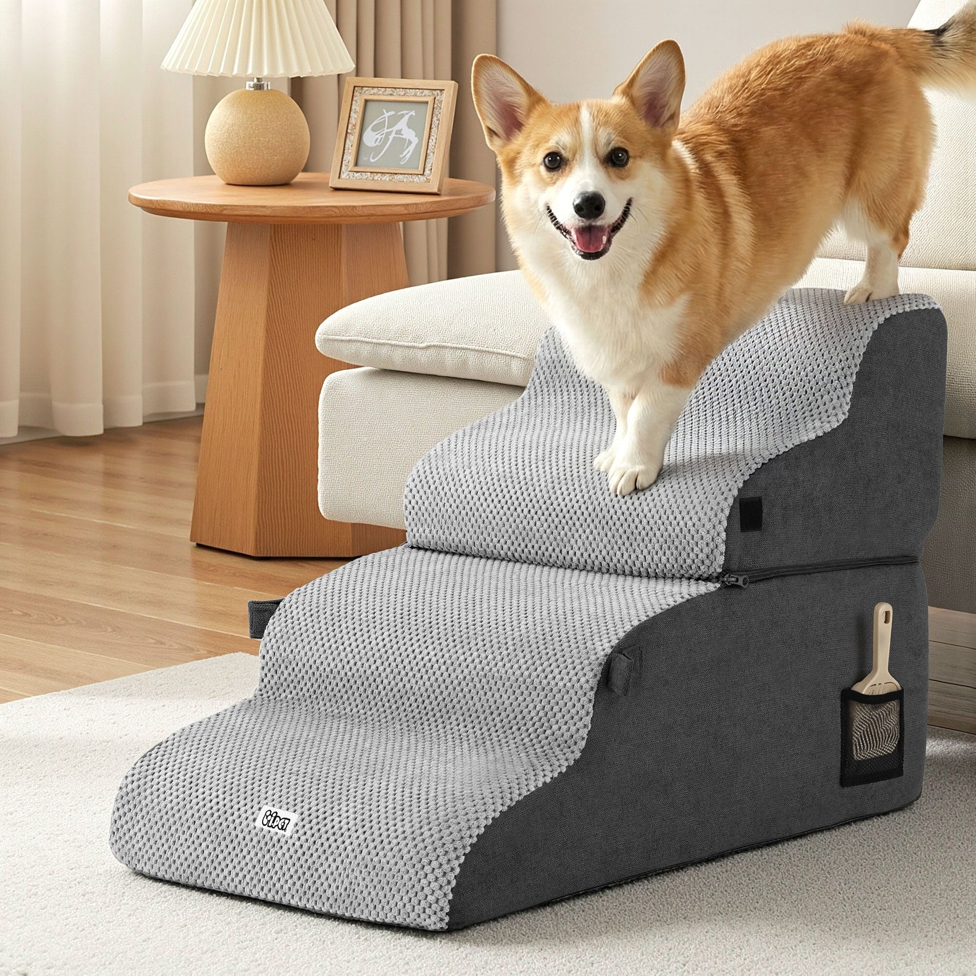 Dog Stairs and Bed 2-in-1 Sofa Car Foam Non-Slip Washable Pet Stairs Indoor Grey