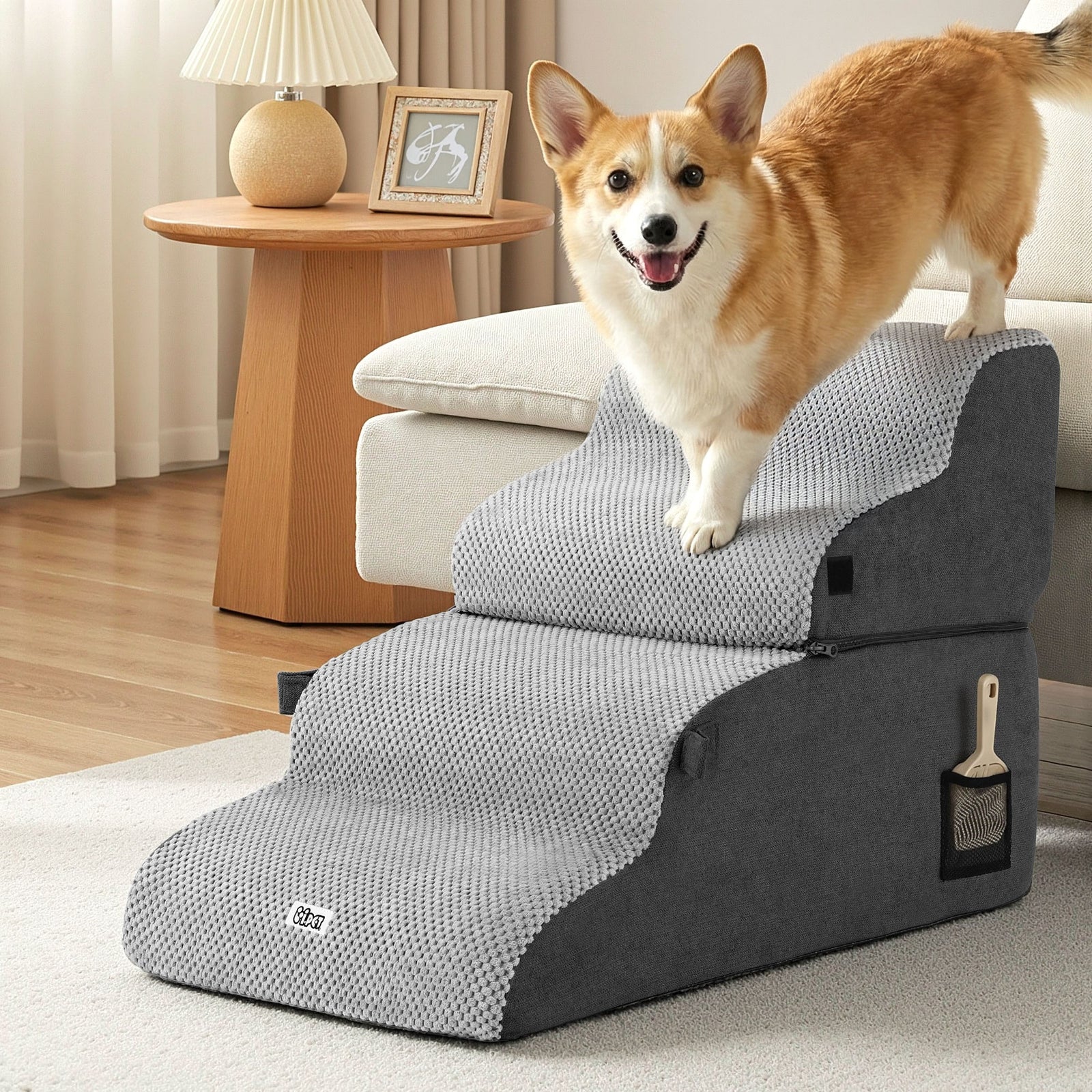 Dog Stairs and Bed 2-in-1 Sofa Car Foam Non-Slip Washable Pet Stairs Indoor Grey