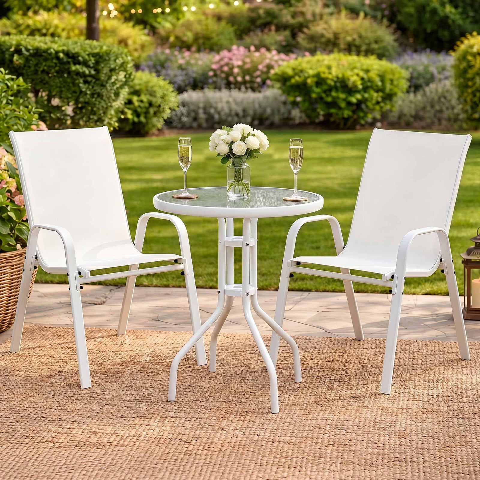 Outdoor Chair & Table Set – Stackable Textilene Chairs, Tempered Glass Table
