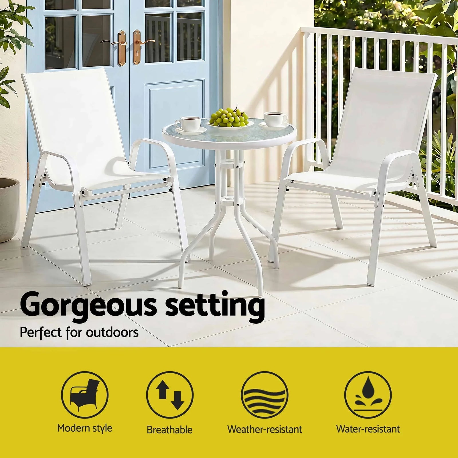 Outdoor Chair & Table Set – Stackable Textilene Chairs, Tempered Glass Table