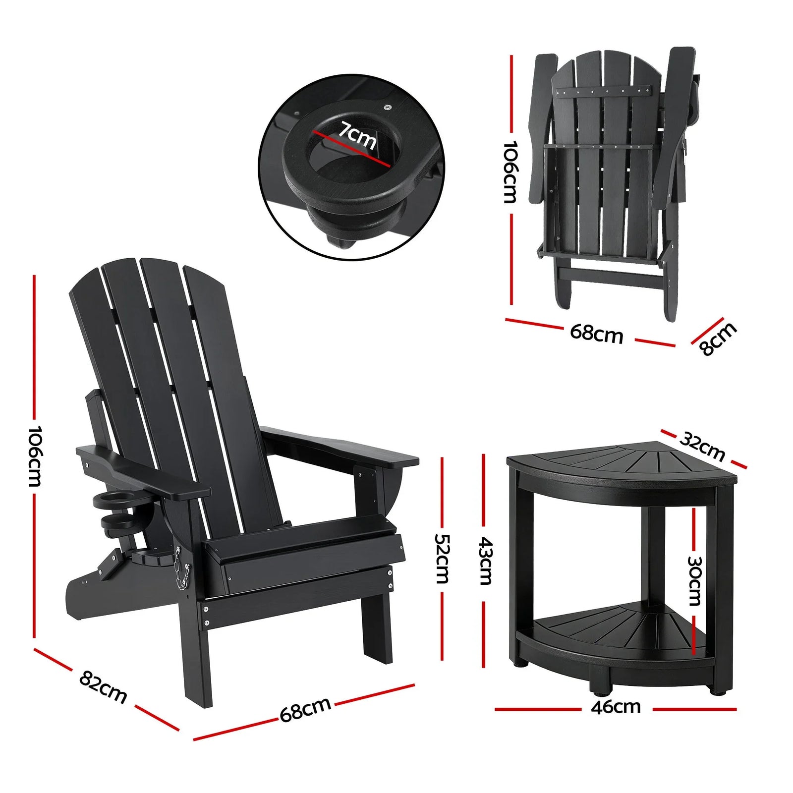 Outdoor Table and Chairs HDPE Folding Adirondack Beach Chair Patio Furniture Black