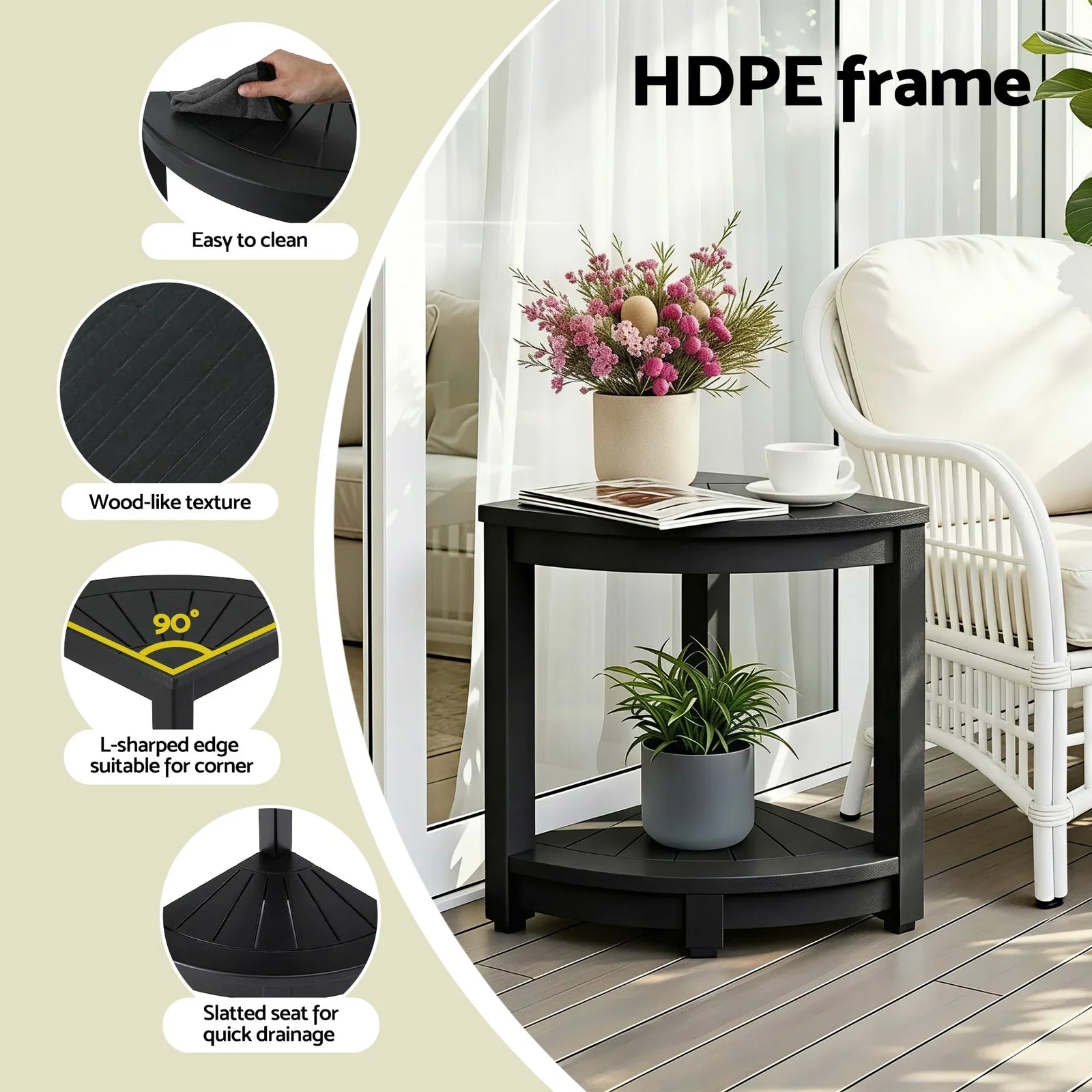 Outdoor Coffee Side Table HDPE Desk Corner Shower Stool Bench Seat with Storage Shelf Black