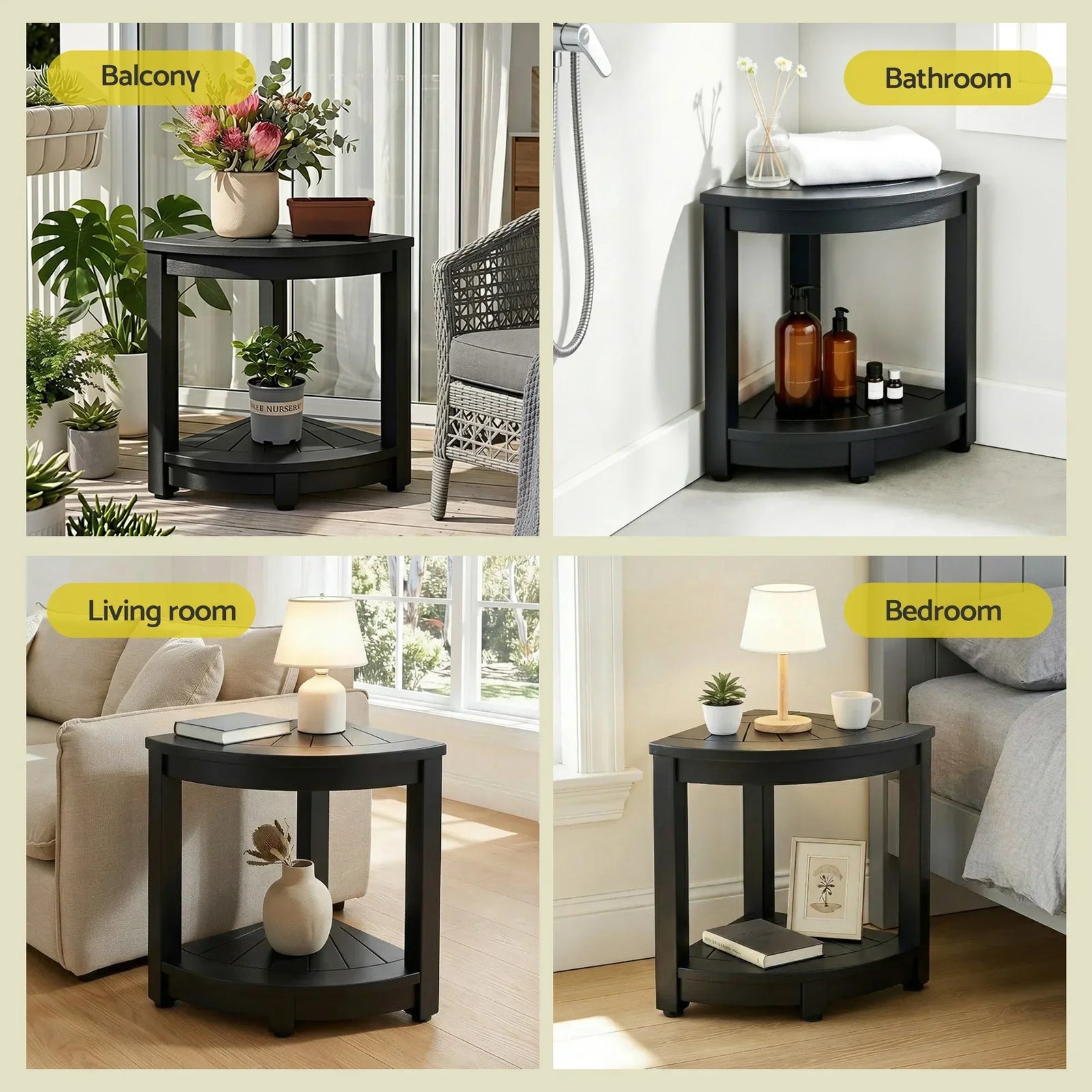 Outdoor Coffee Side Table HDPE Desk Corner Shower Stool Bench Seat with Storage Shelf Black