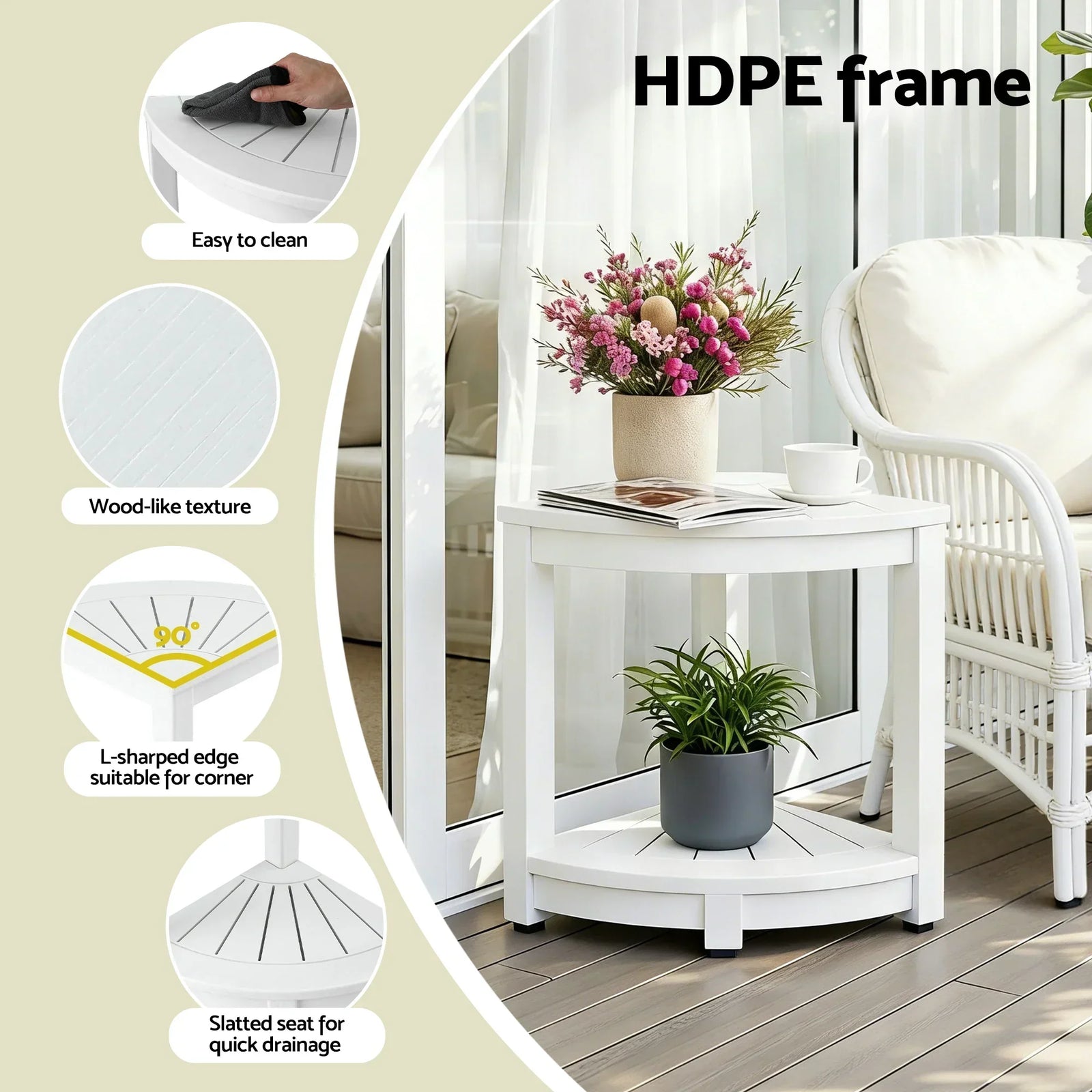 Outdoor Coffee Side Table HDPE Desk Corner Shower Stool Bench Seat with Storage Shelf White
