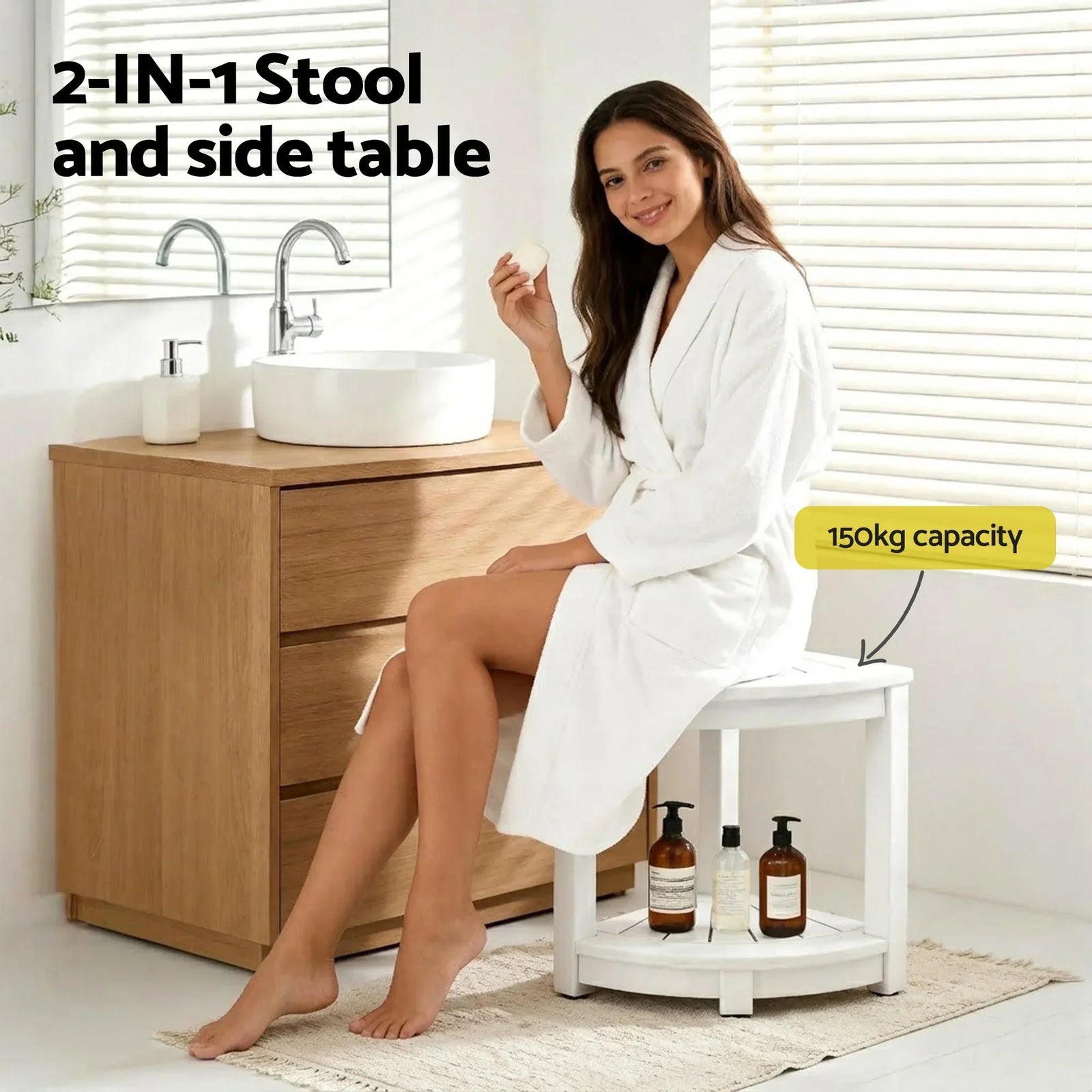 Outdoor Coffee Side Table HDPE Desk Corner Shower Stool Bench Seat with Storage Shelf White