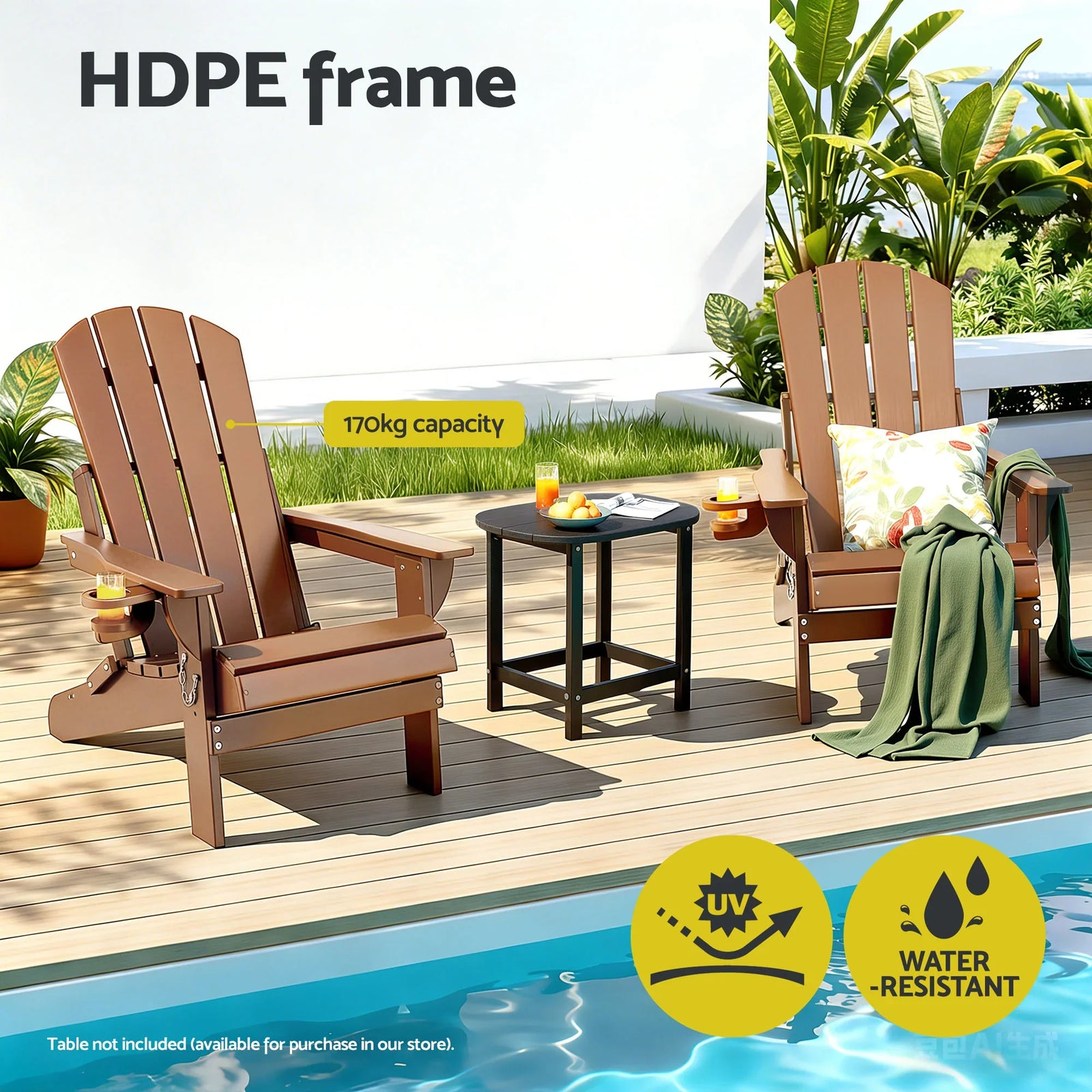 Outdoor Chairs Folding Adirondack Beach Chair HDPE Sun Lounge Patio Furniture Garden Brown