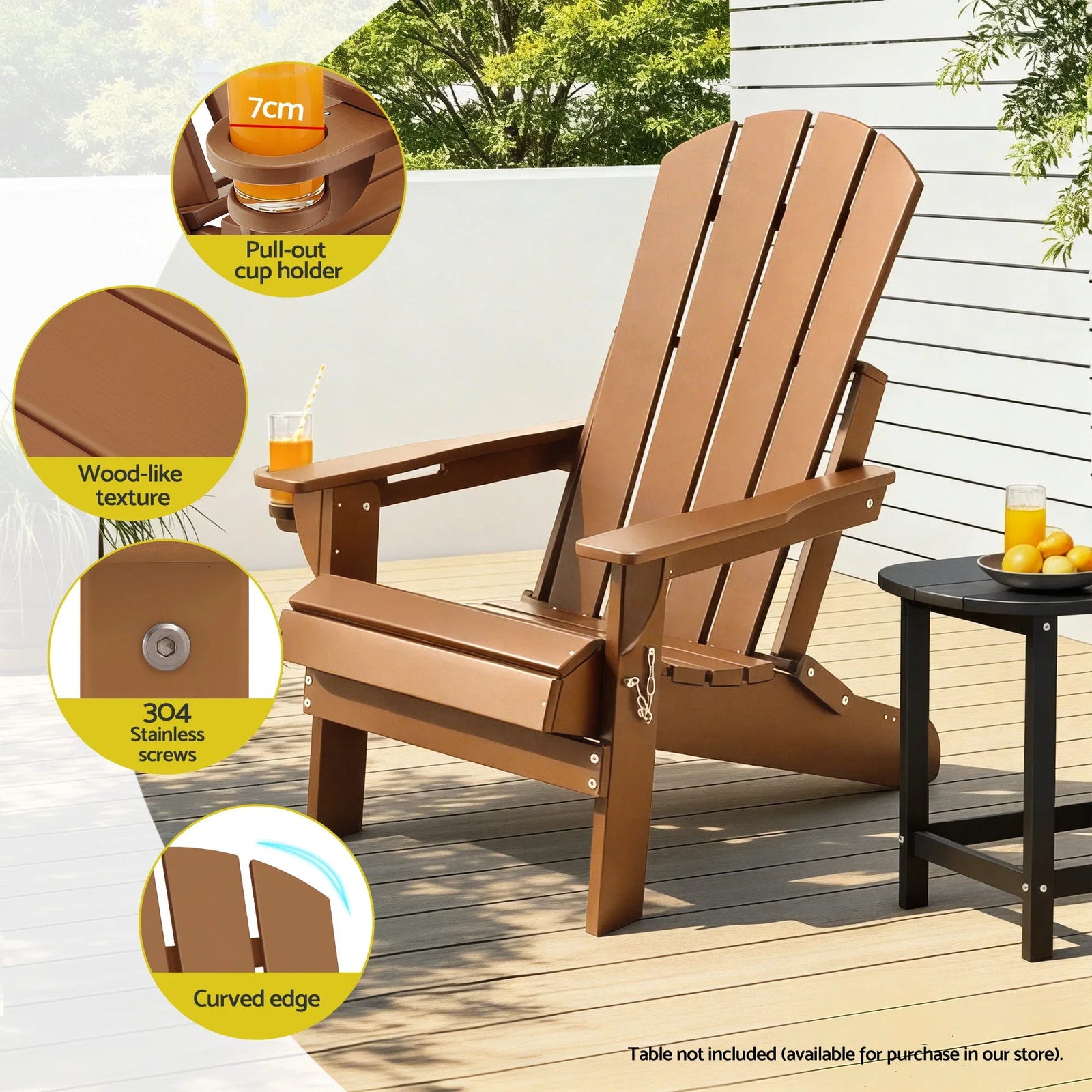 Outdoor Chairs Folding Adirondack Beach Chair HDPE Sun Lounge Patio Furniture Garden Brown