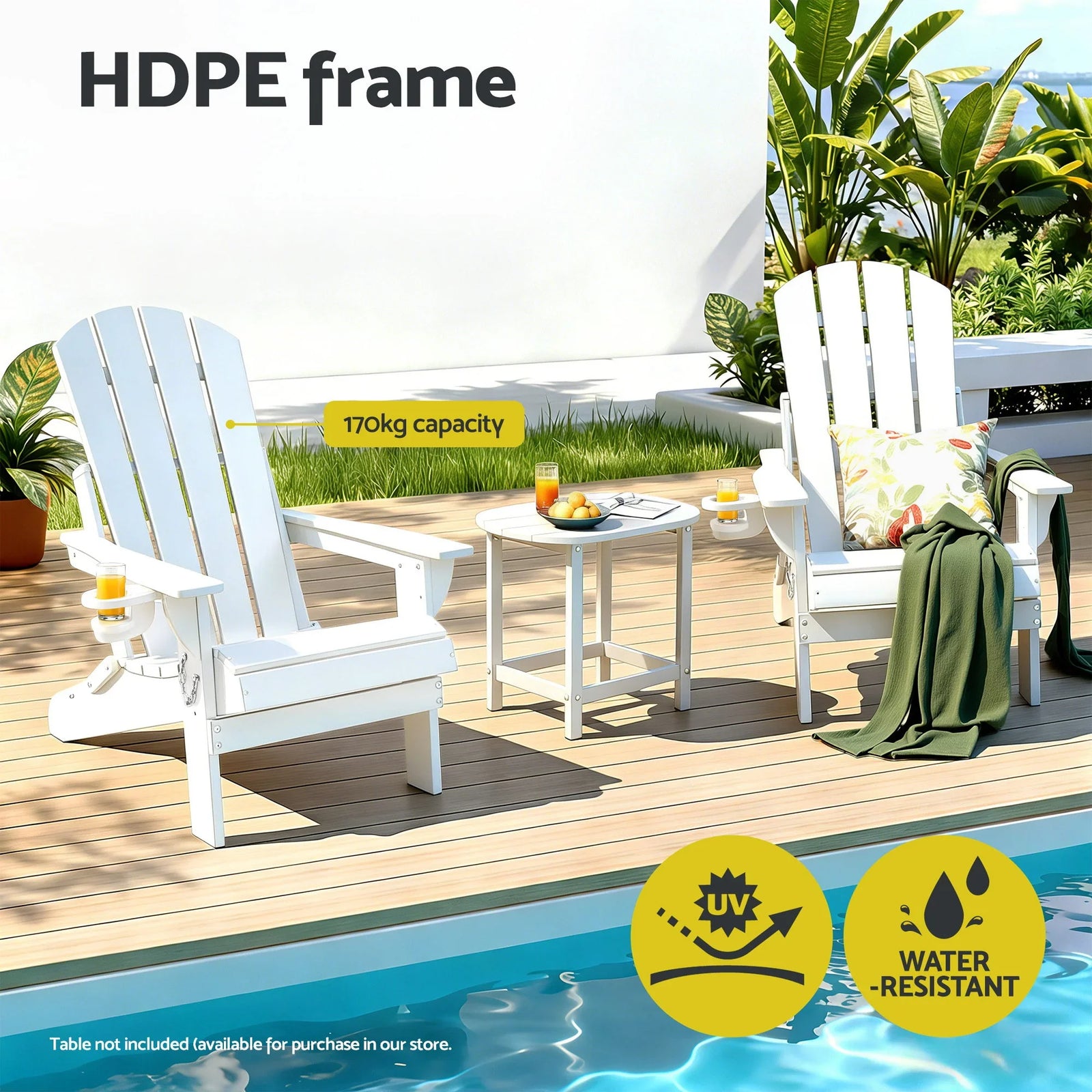 Outdoor Chairs Folding Adirondack Beach Chair HDPE Sun Lounge Patio Furniture Garden White