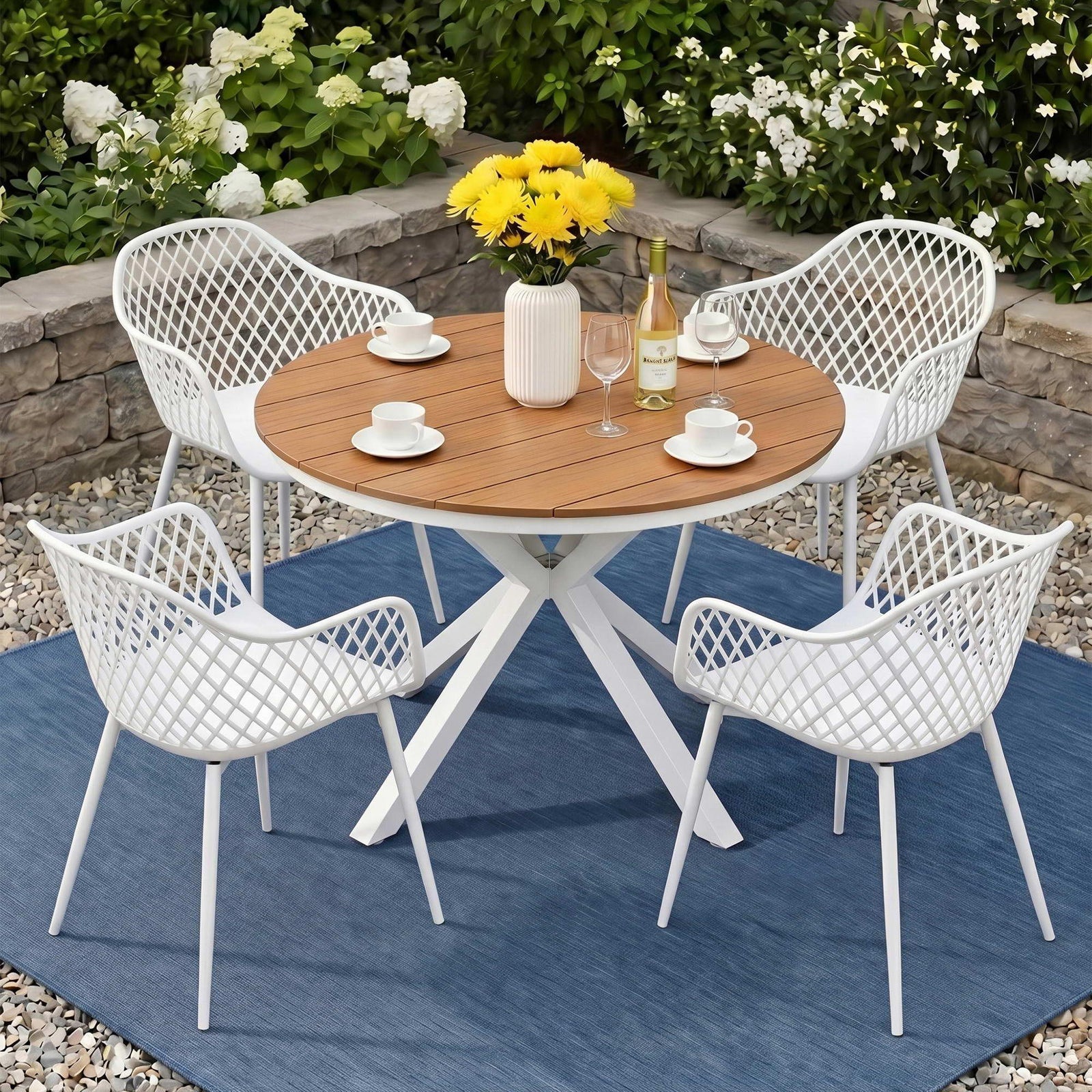 5‑Piece Outdoor Dining Set – WPC Table & PP Chairs, White