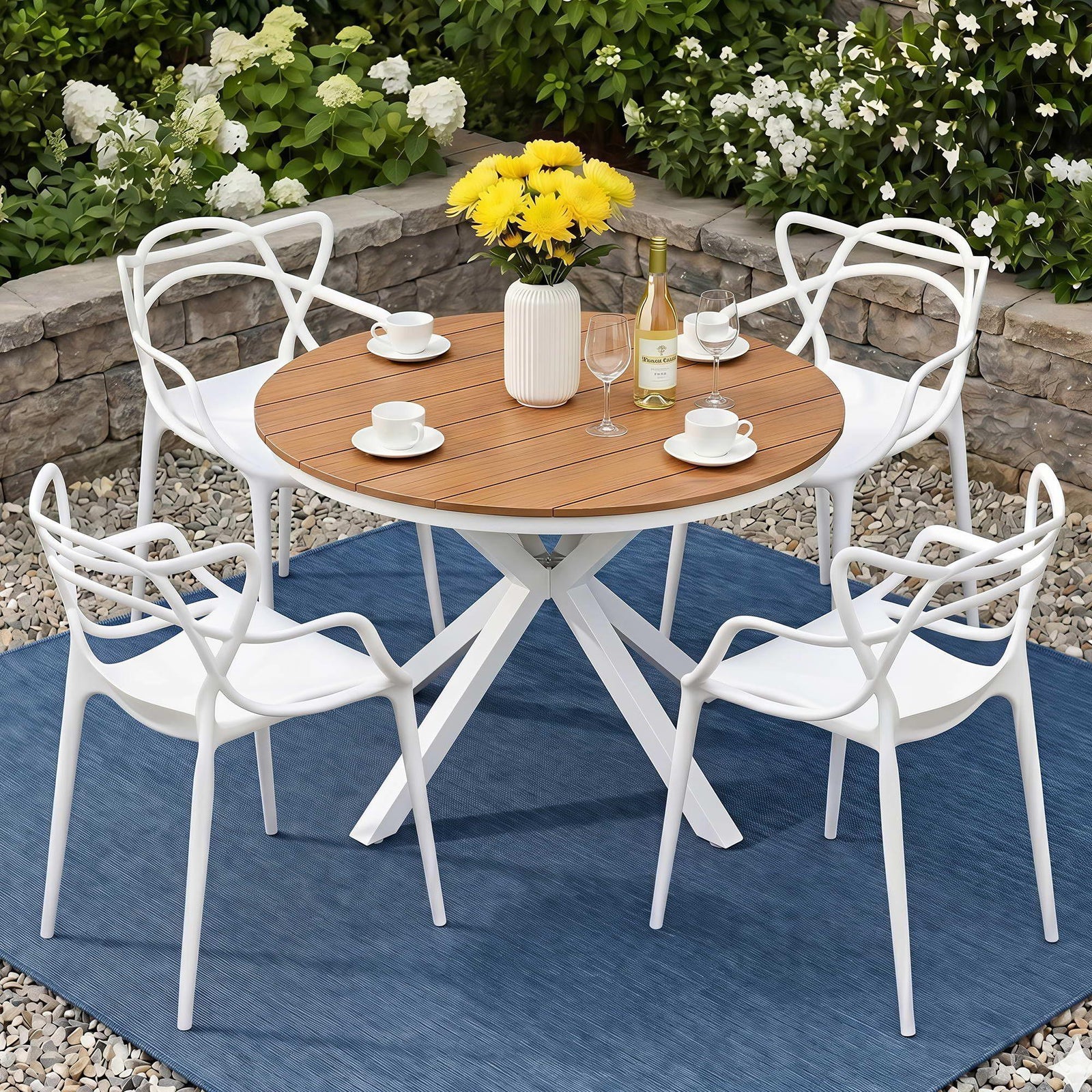 5‑Piece Outdoor Dining Set – WPC Table, Stackable PP Chairs, White