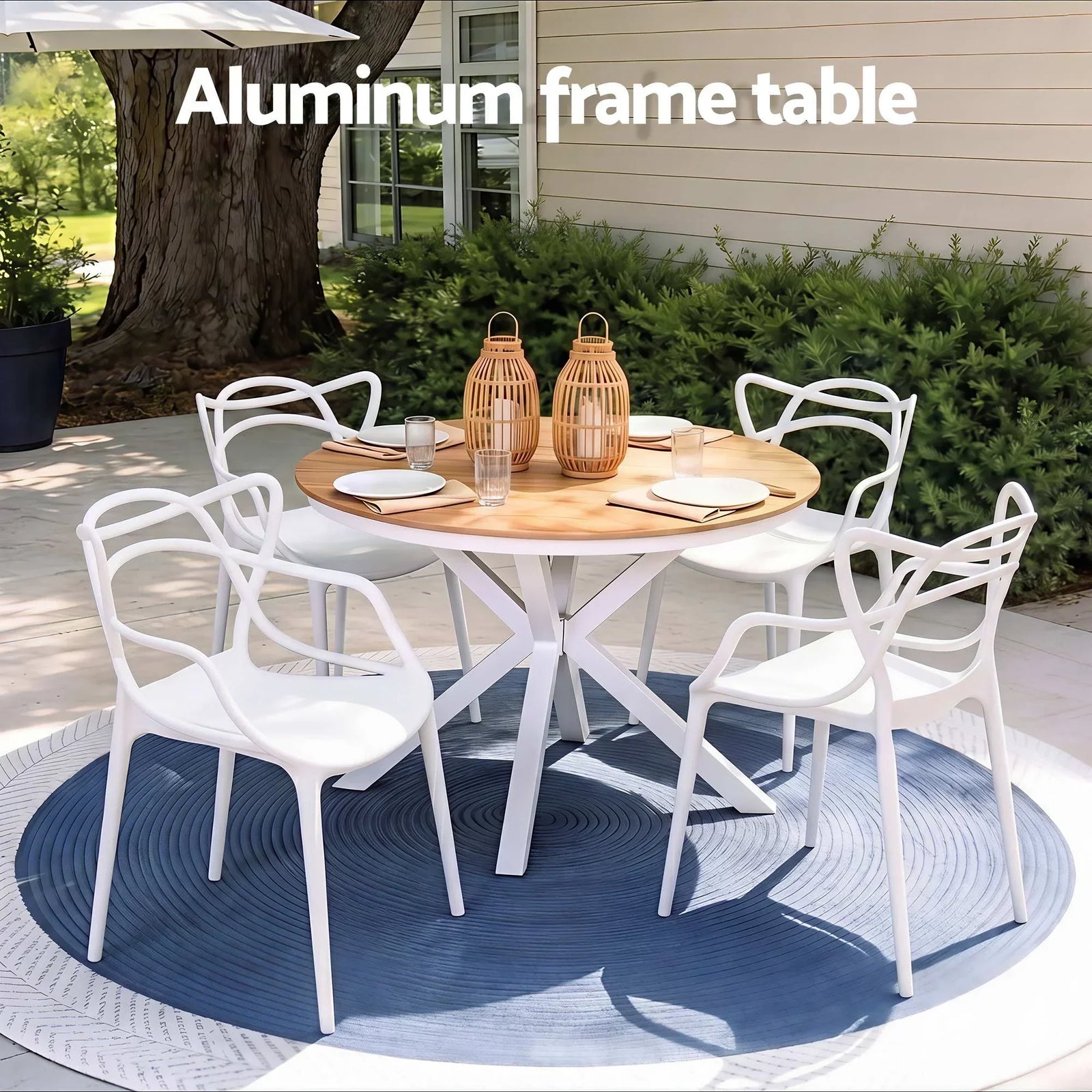 5‑Piece Outdoor Dining Set – WPC Table, Stackable PP Chairs, White