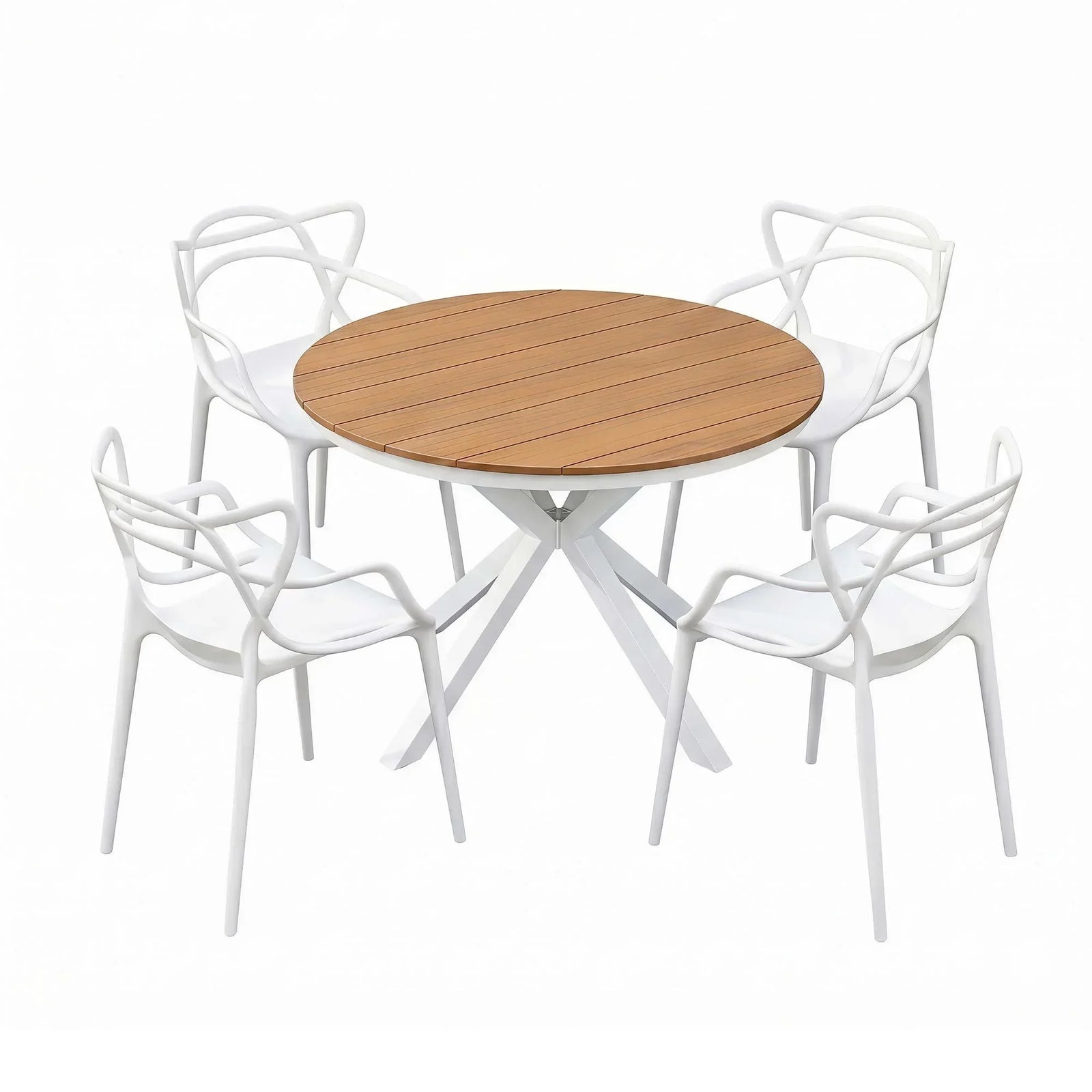 5‑Piece Outdoor Dining Set – WPC Table, Stackable PP Chairs, White