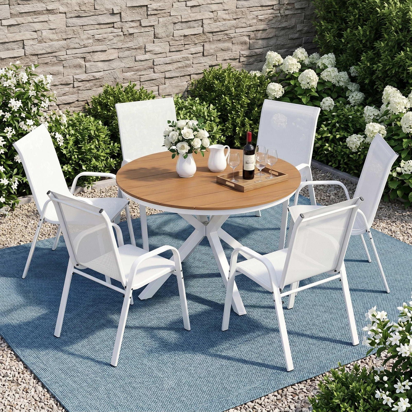 7‑Piece Outdoor Dining Set – WPC Table, Textilene Chairs, White, Weather‑Resistant