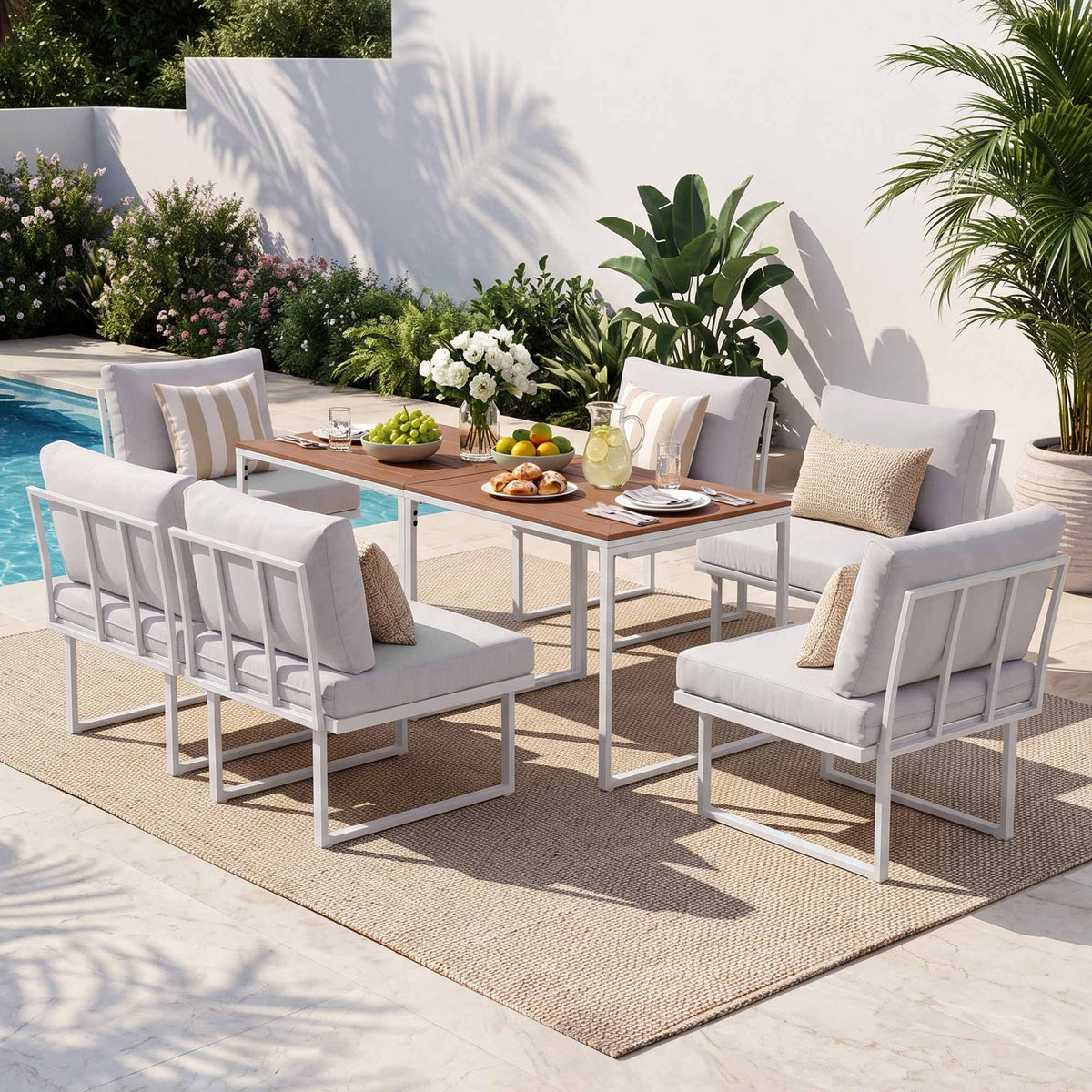 Gardeon 6 Seater Outdoor Dining Sofa Set Steel Frame Cushions White