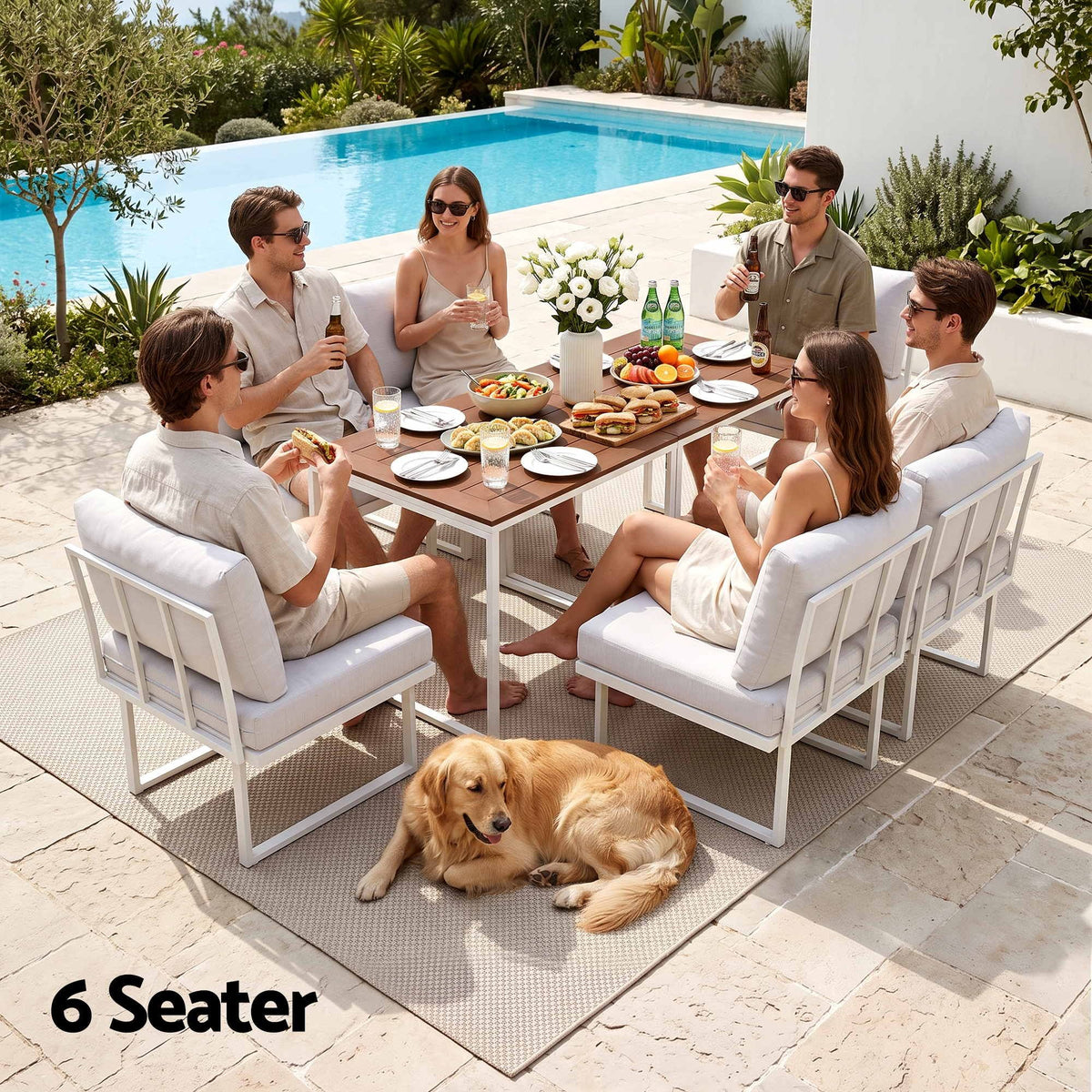 Gardeon 6 Seater Outdoor Dining Sofa Set Steel Frame Cushions White