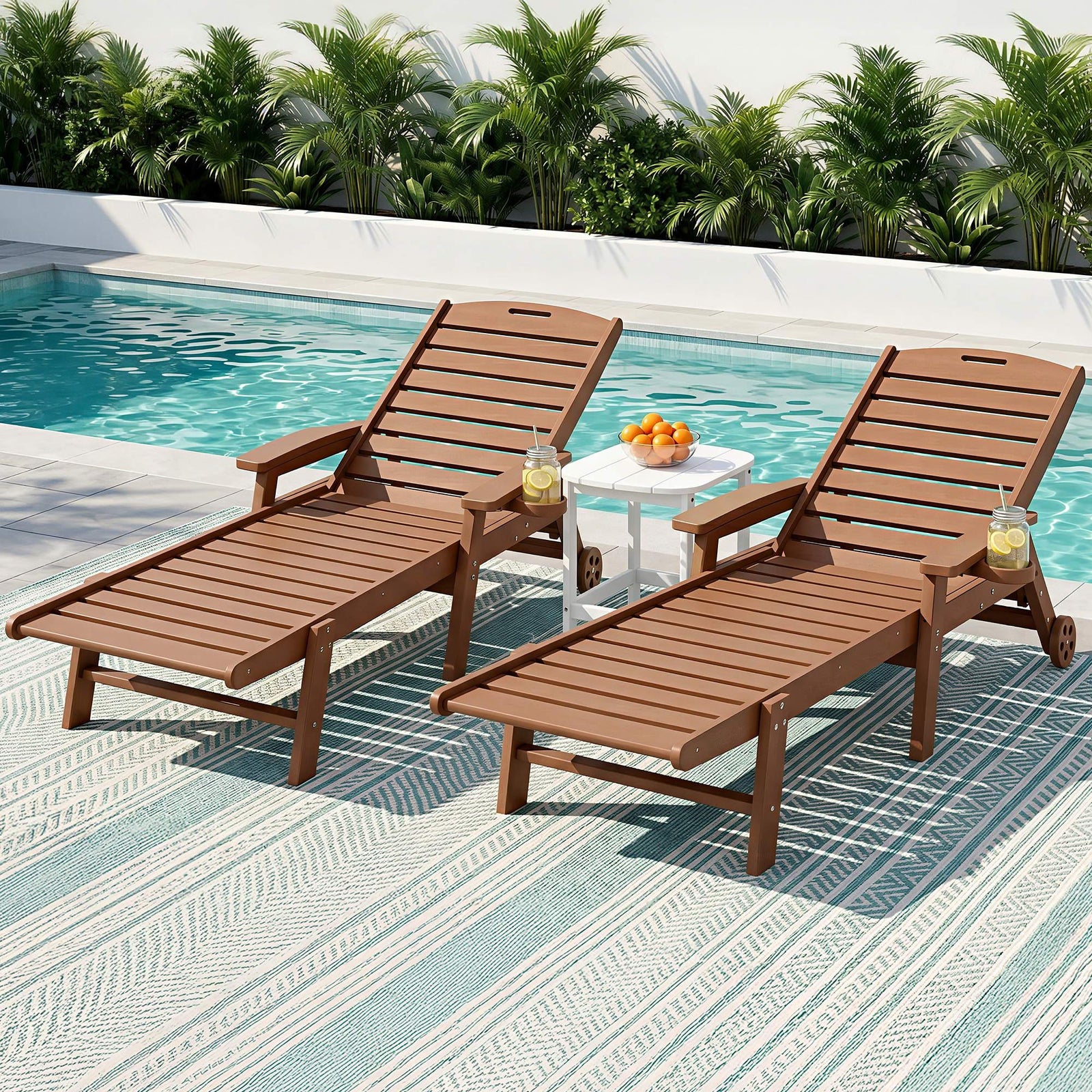 Sun Lounge Lounger Table and Chairs Beach Chair HDPE Patio Outdoor Furniture Wheels Brown