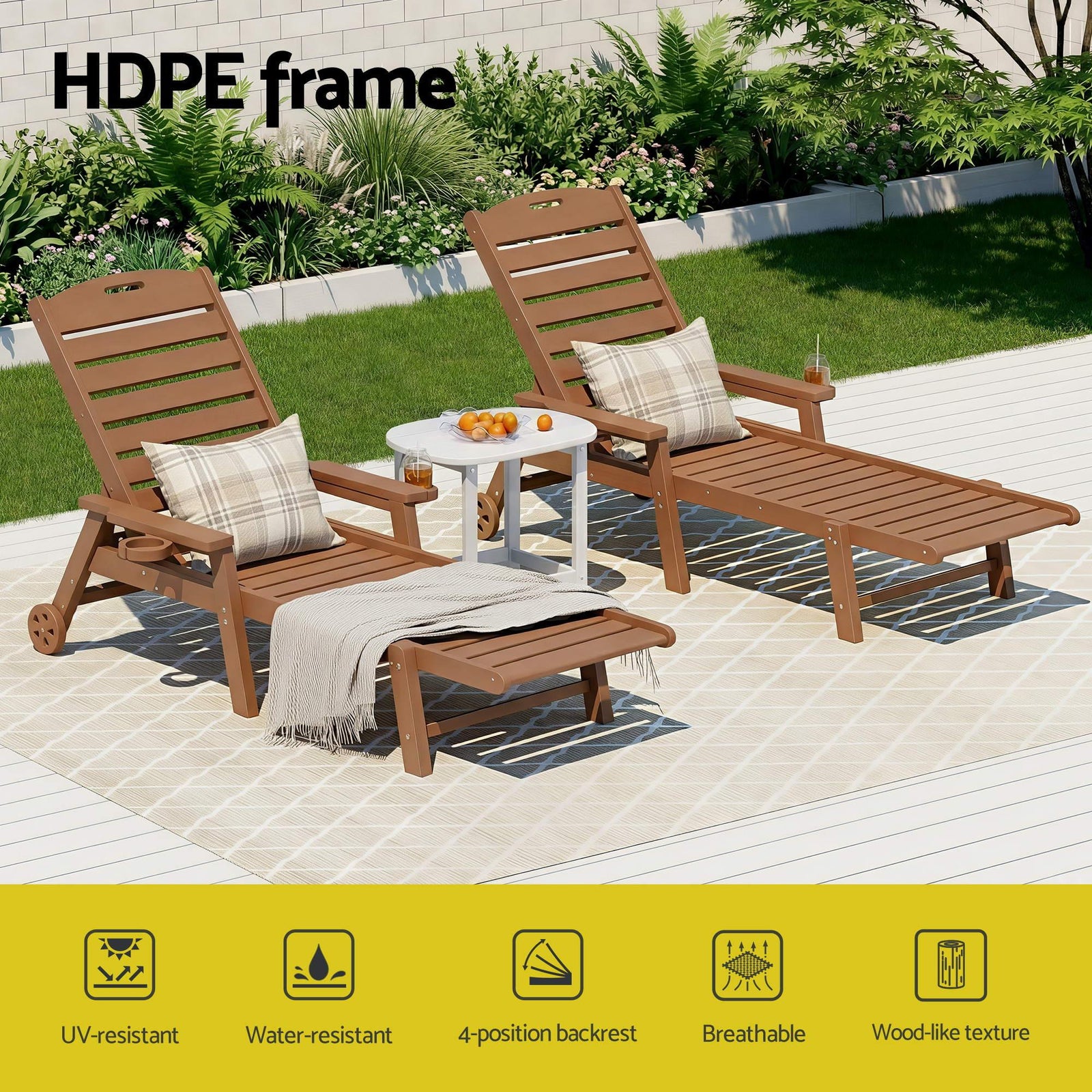 Sun Lounge Lounger Table and Chairs Beach Chair HDPE Patio Outdoor Furniture Wheels Brown