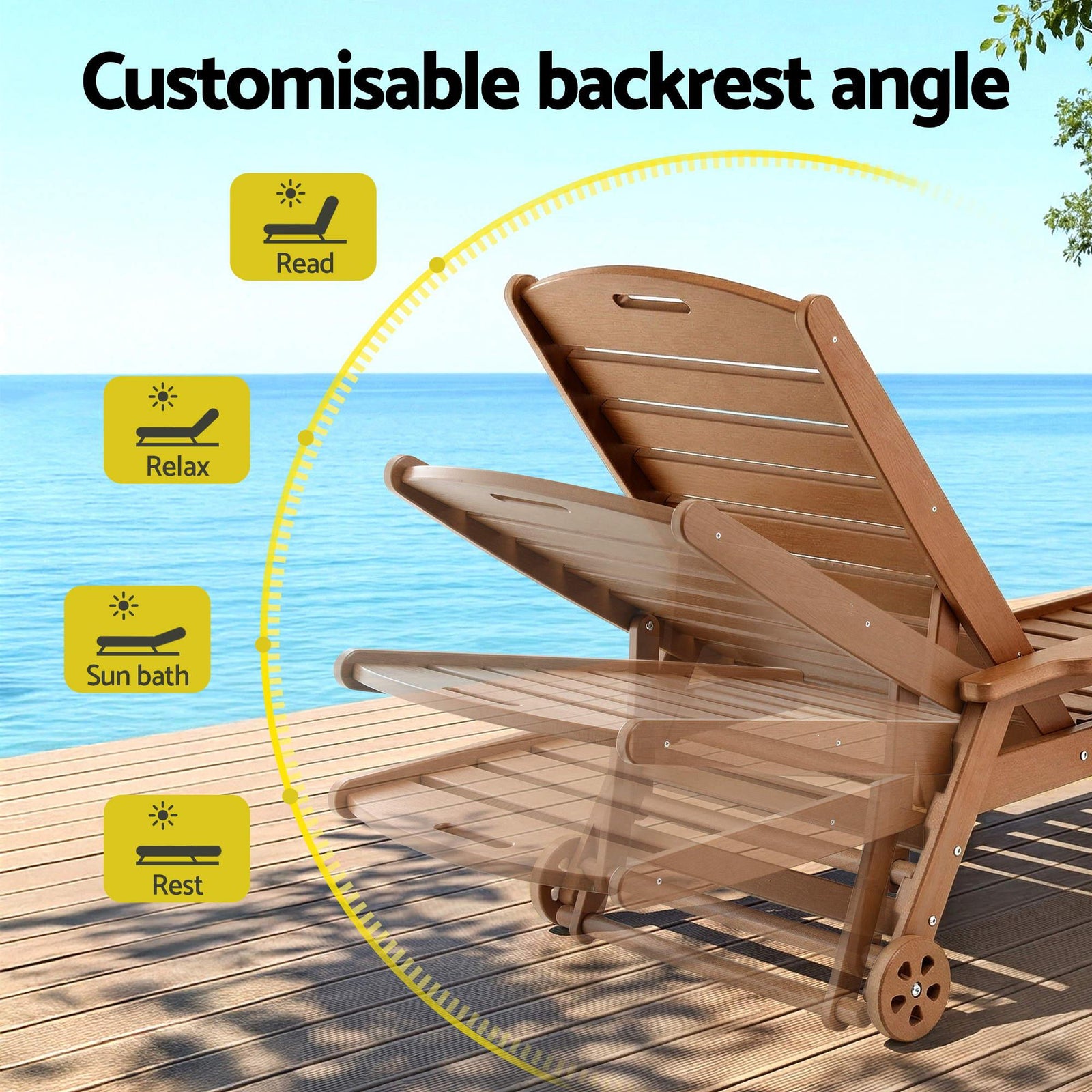 Sun Lounge Lounger Table and Chairs Beach Chair HDPE Patio Outdoor Furniture Wheels Brown