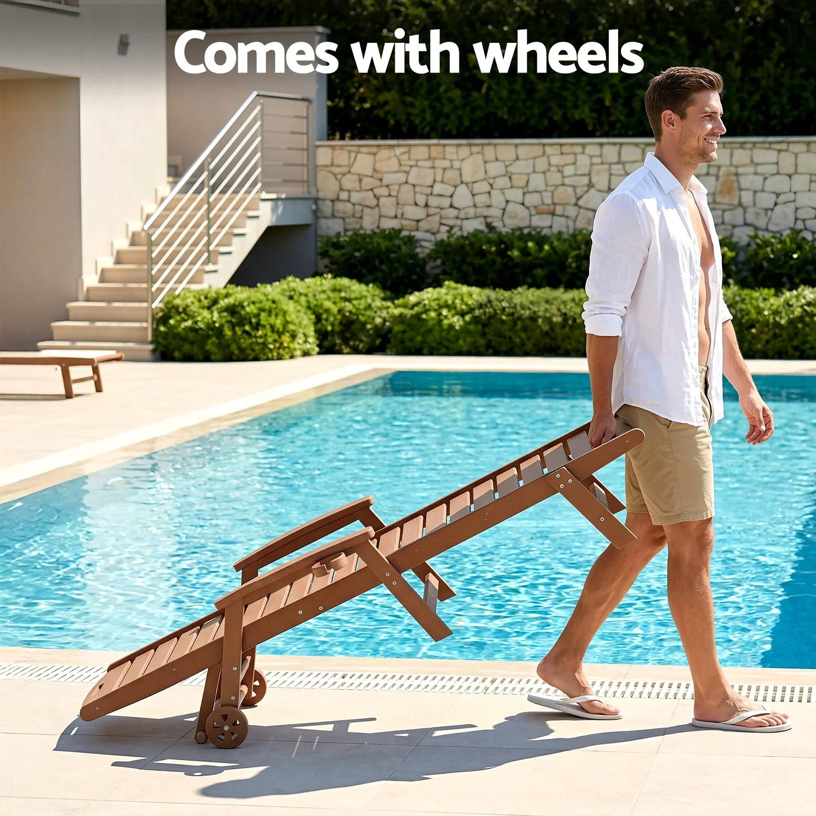 Sun Lounge Lounger Table and Chairs Beach Chair HDPE Patio Outdoor Furniture Wheels Brown
