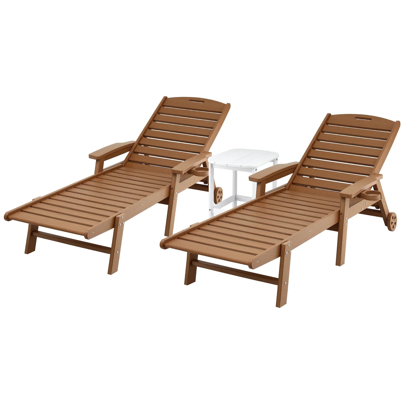 Sun Lounge Lounger Table and Chairs Beach Chair HDPE Patio Outdoor Furniture Wheels Brown