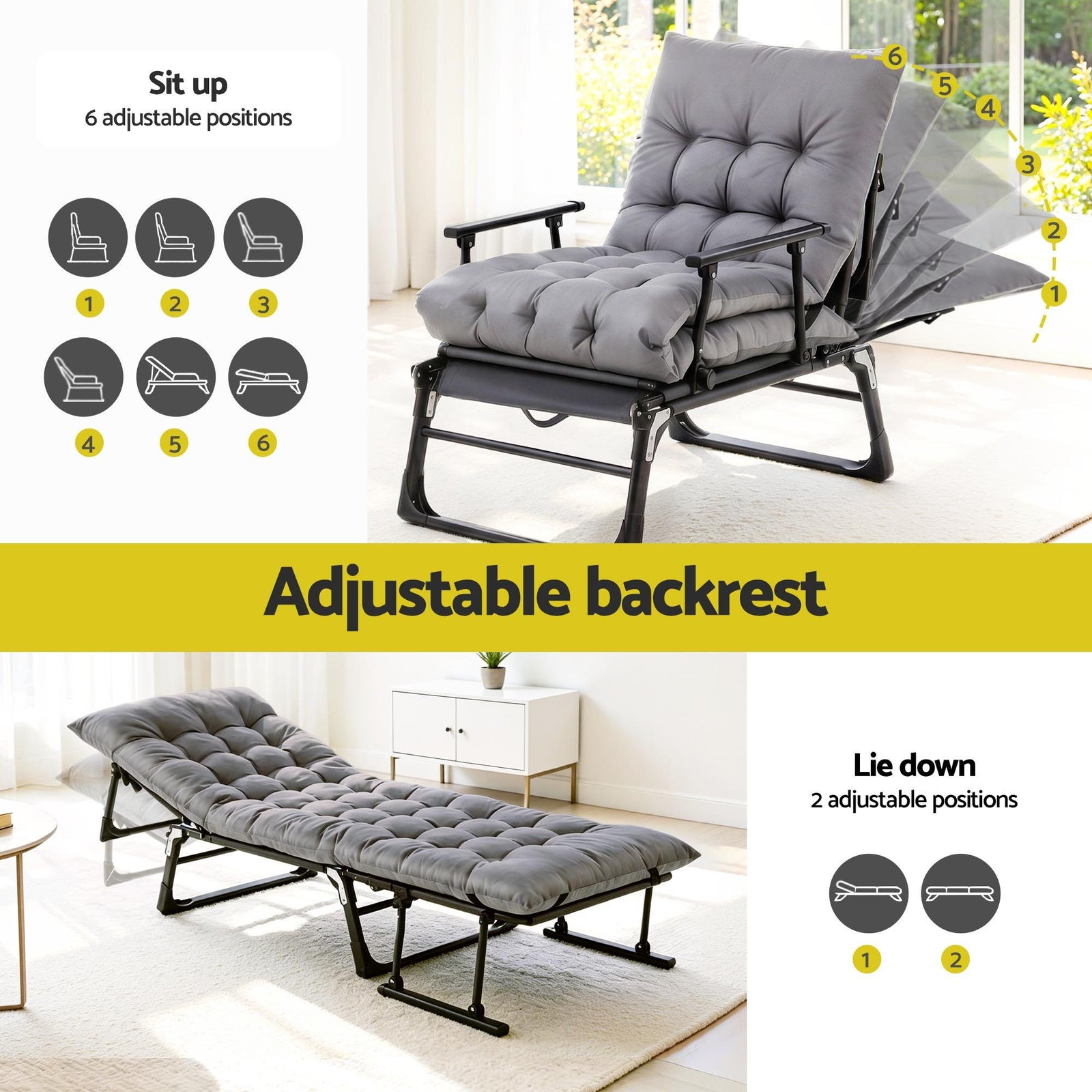 Gardeon 3-in-1 Sun Lounger Folding Camping Chair Adjustable Recliner Patio Furniture for Office Nap, Poolside