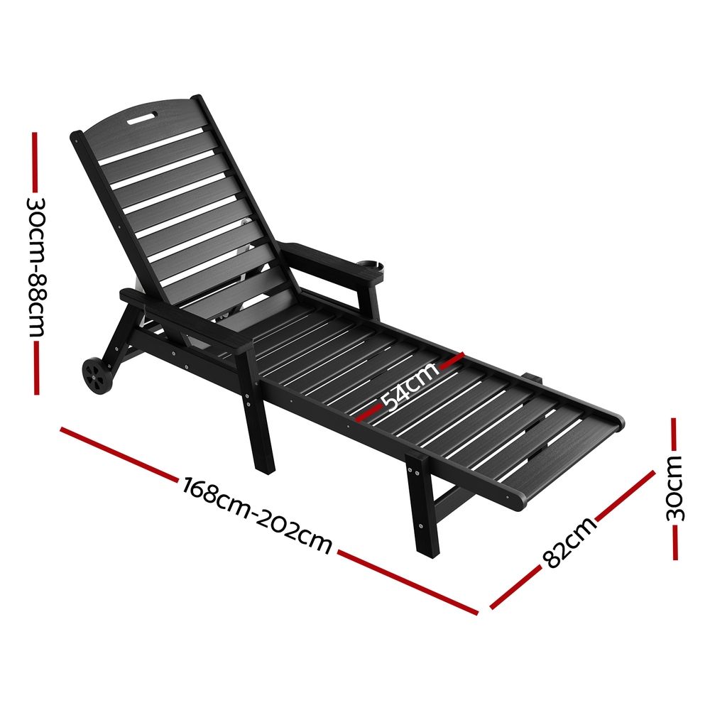 Sun Lounge Lounger Beach Chair HDPE Patio Outdoor Furniture with Wheels Black