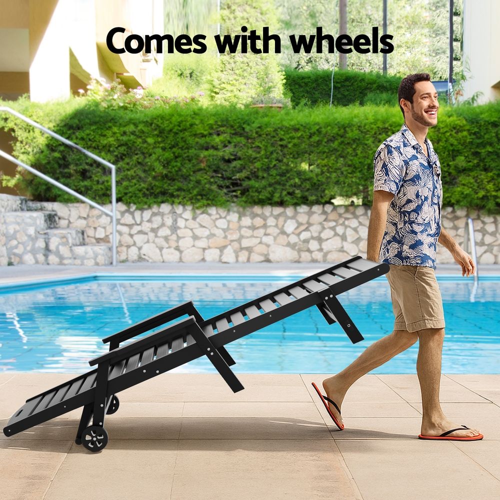 Sun Lounge Lounger Beach Chair HDPE Patio Outdoor Furniture with Wheels Black