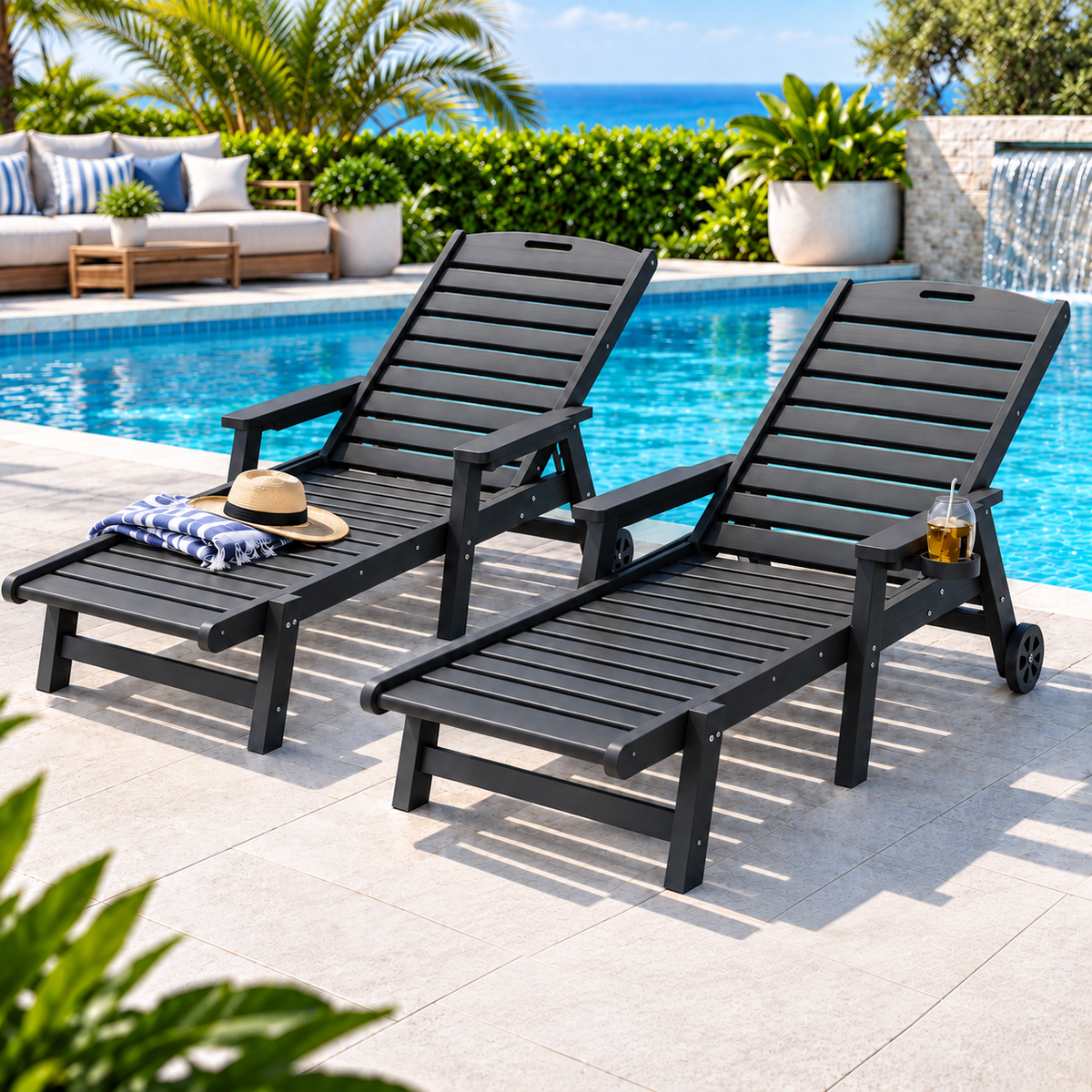 Gardeon 2PCS Sun Lounge Lounger Beach Chair HDPE Patio Outdoor Furniture with Wheels Black