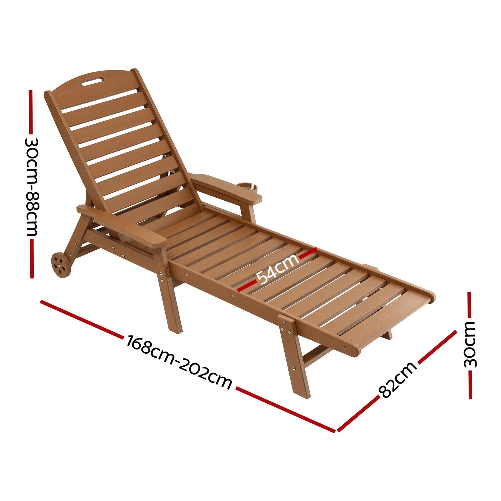 Sun Lounge Lounger Beach Chair HDPE Patio Outdoor Furniture with Wheels Brown