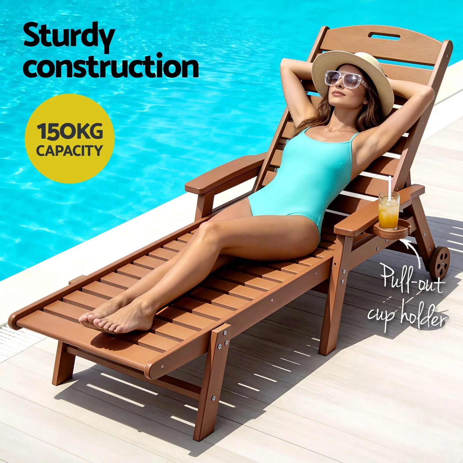 Sun Lounge Lounger Beach Chair HDPE Patio Outdoor Furniture with Wheels Brown