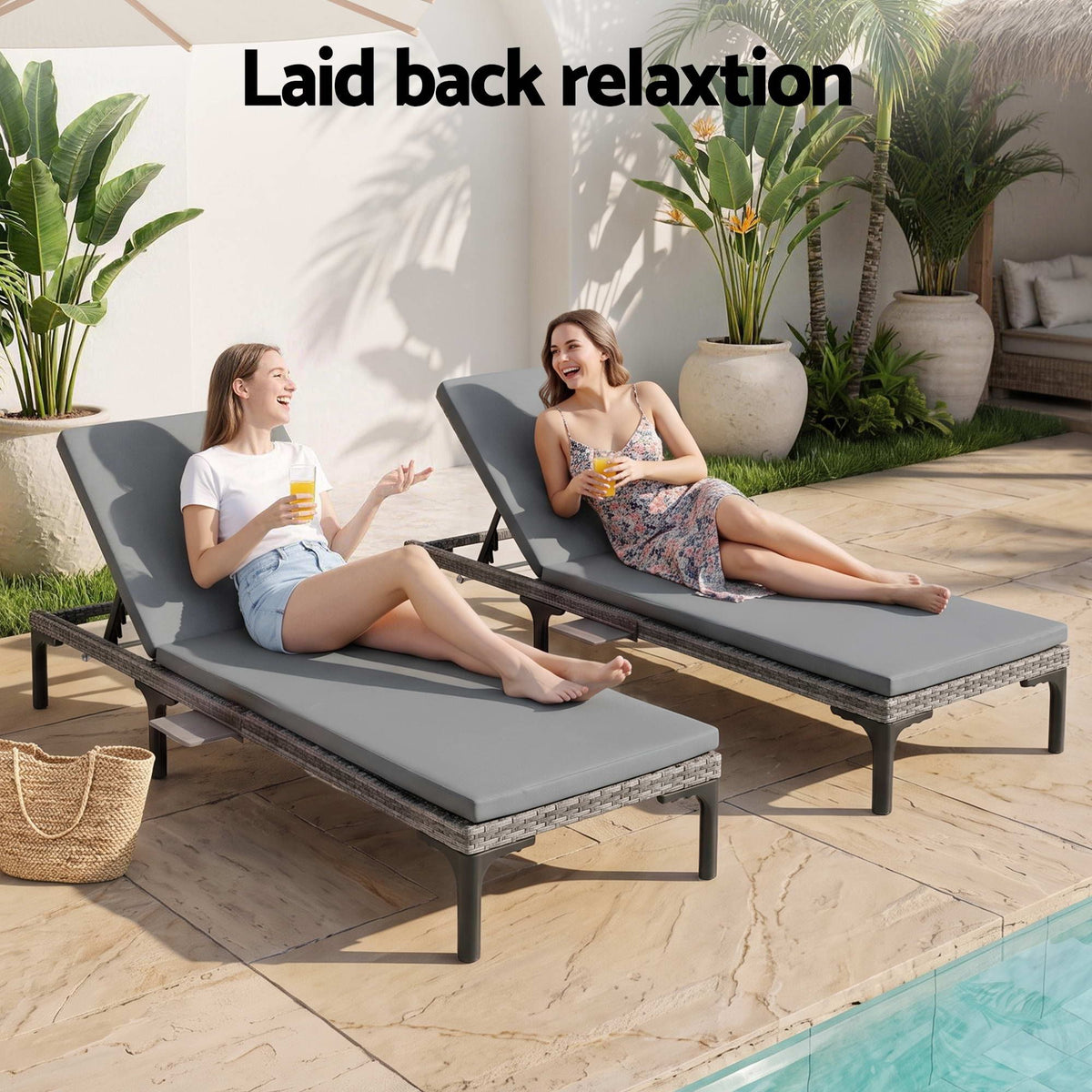 Gardeon 2PC Sun Lounger PE Rattan Recliners with Cup Holder Cushion Rain Cover