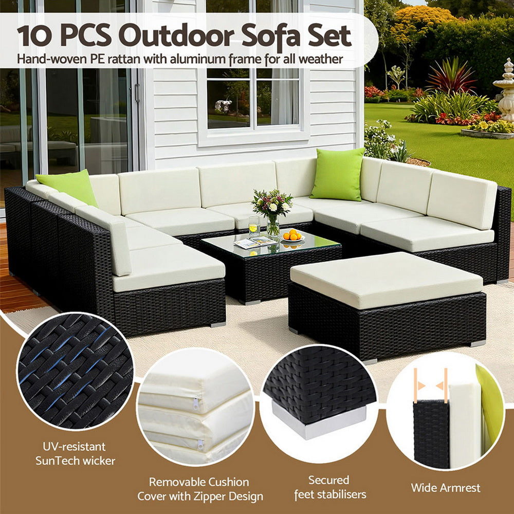 Outdoor Rattan Sofa Set Aluminium Frame Wicker Sectional Patio Furniture Black