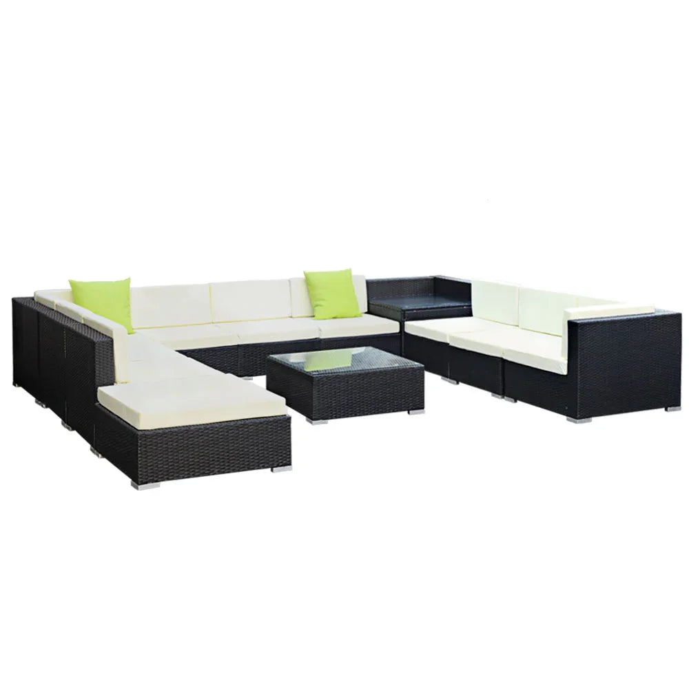 12‑Piece Outdoor Furniture Set – PE Wicker, Aluminium Frame, Beige Cushions