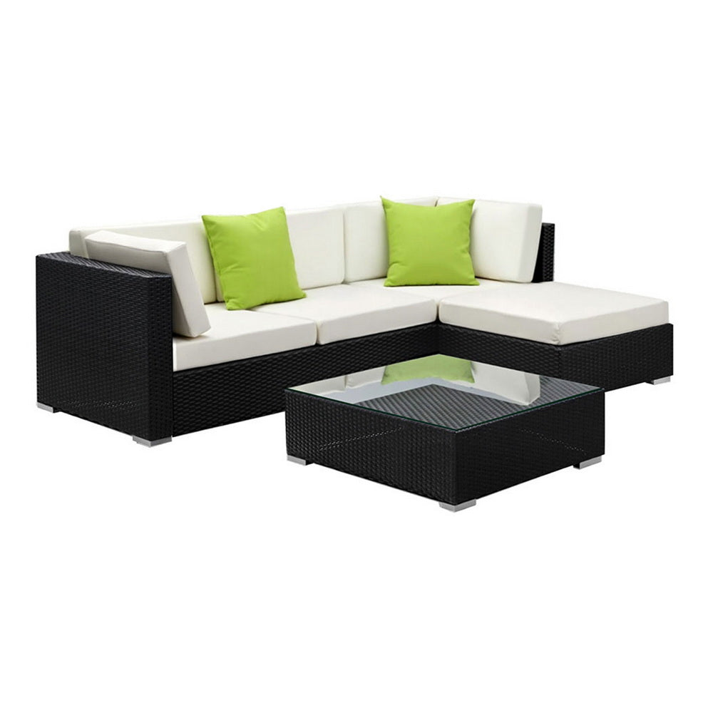 Outdoor Rattan Furniture Set Sofa Corner Table Ottoman Glass Top Patio Set